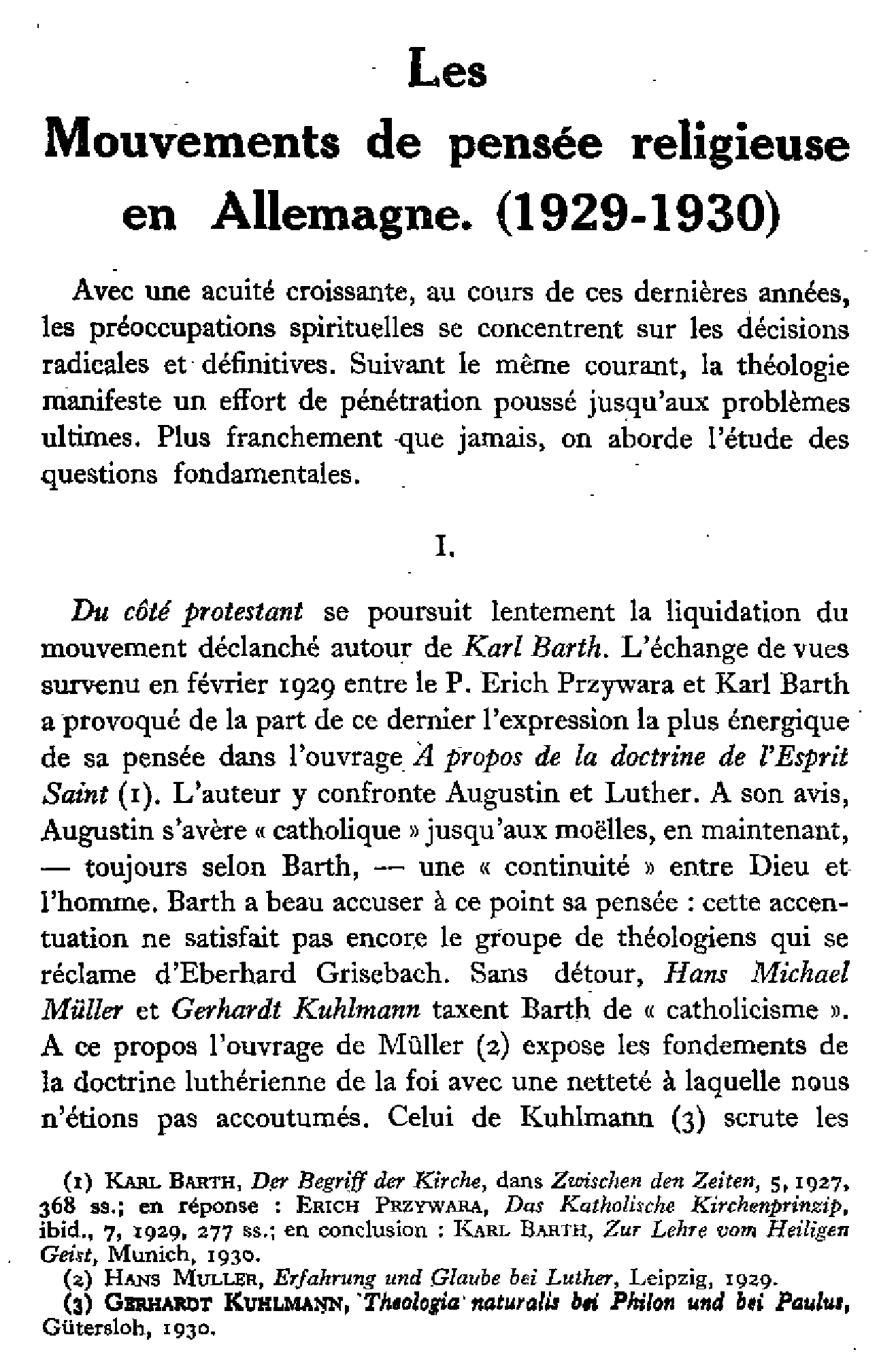 Les Mouvements de pensée religieuse en Allemagne (1929-1930)
