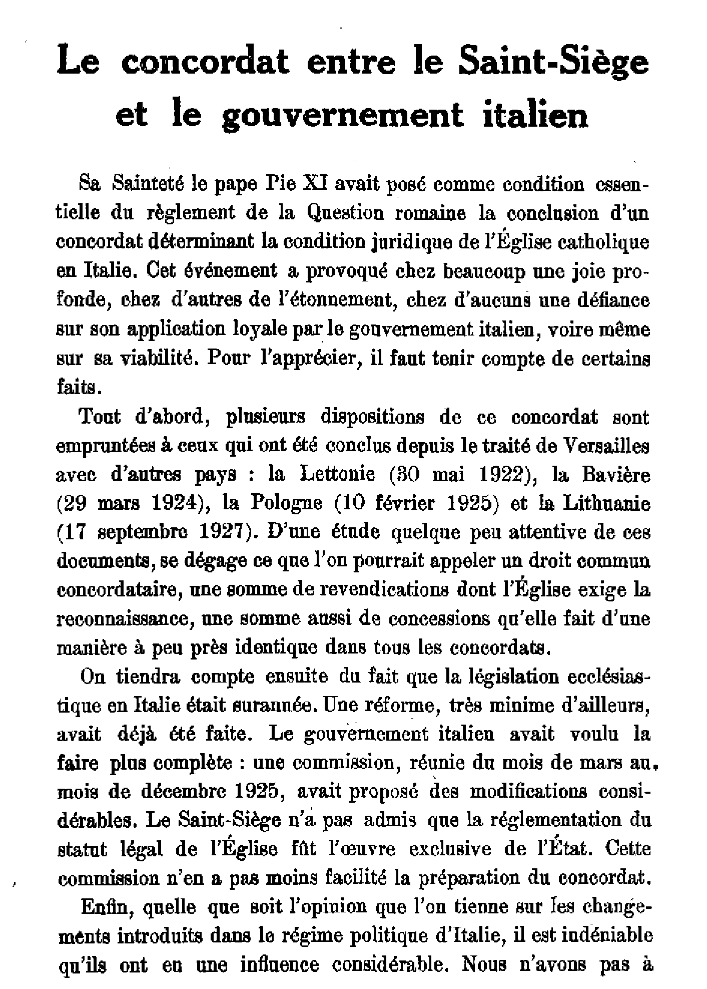 Le concordat entre le Saint-Siège et le gouvernement italien