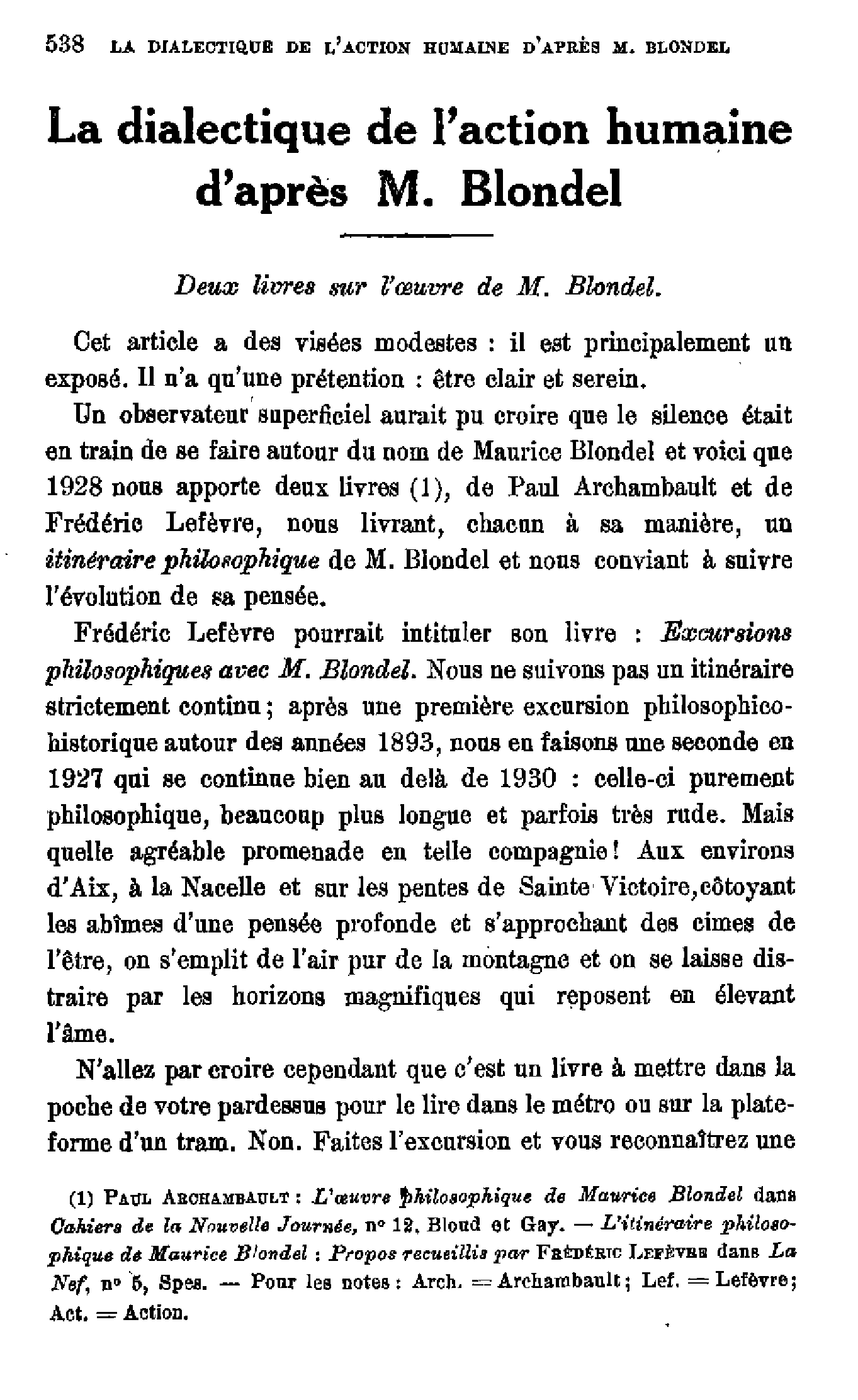 La dialectique de l'action humaine d'après M. Blondel