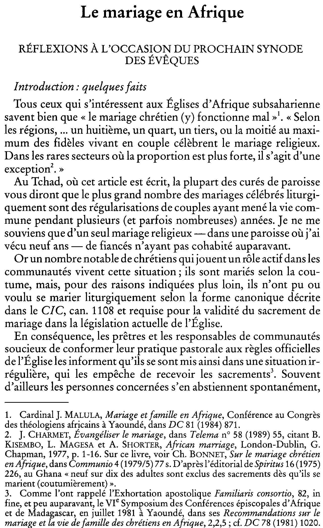 Le mariage en Afrique. Réflexions à l'occasion du prochain Synode des évêques