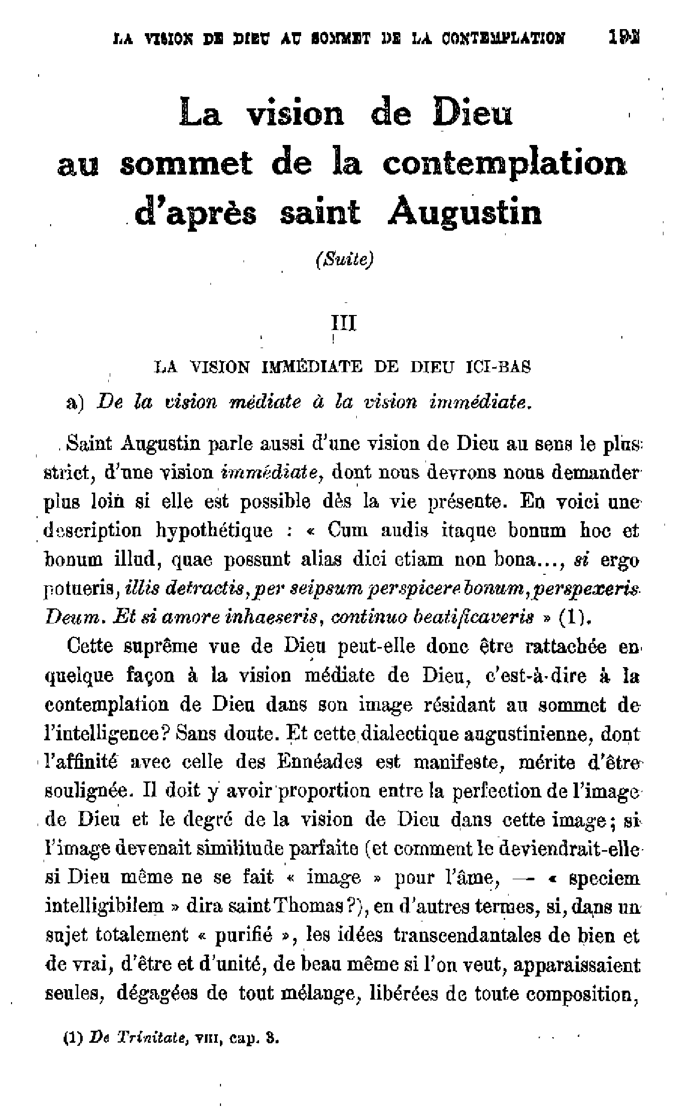 La vision de Dieu au sommet de la contemplation d'après saint Augustin (2)