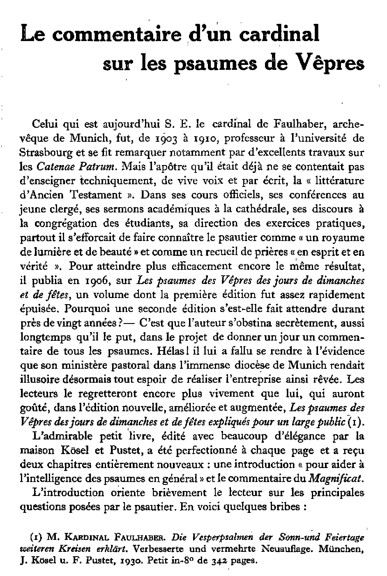 Le commentaire d'un cardinal sur les psaumes de Vêpres