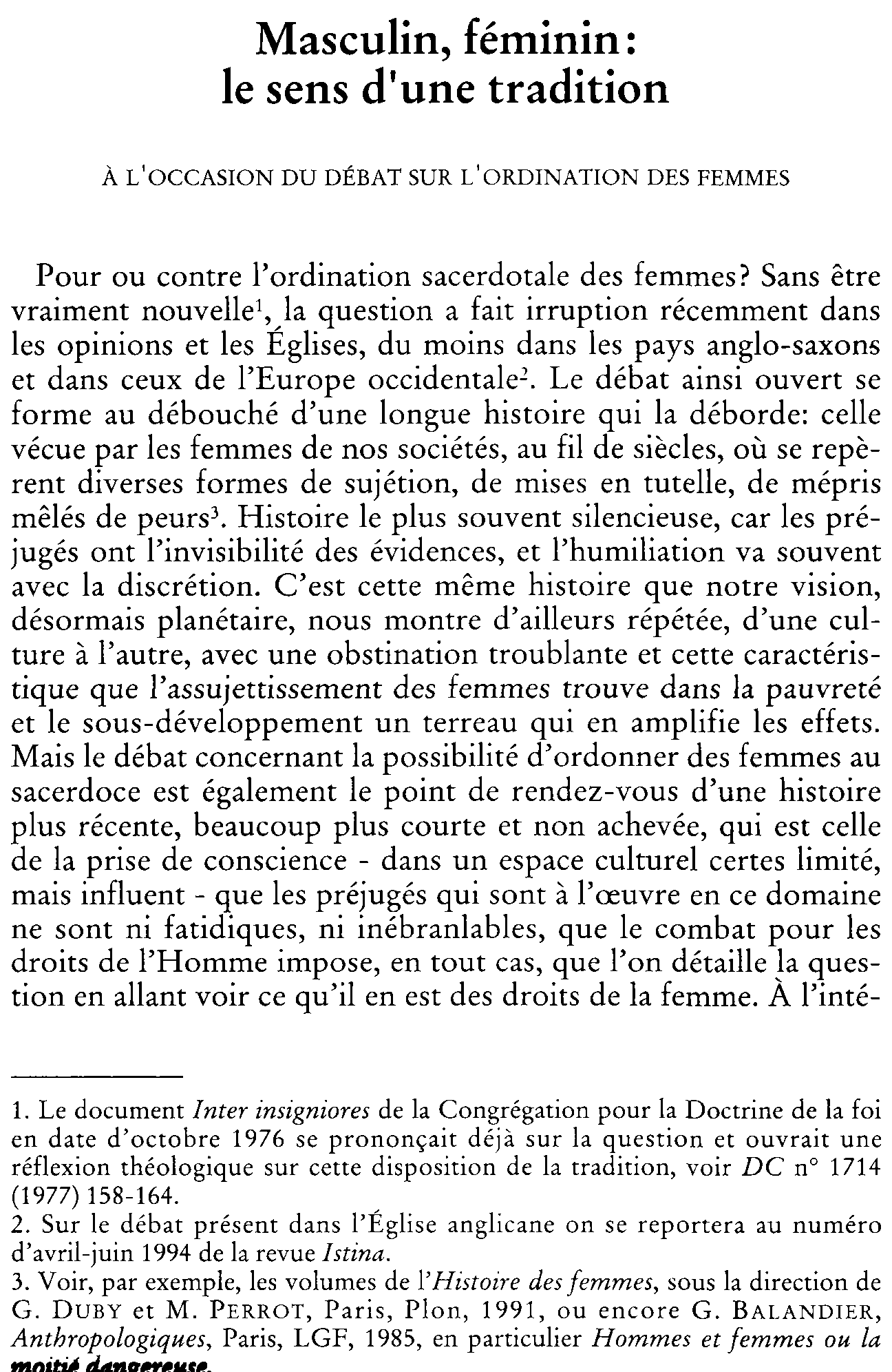 Masculin, féminin: le sens d'une tradition. À l'occasion du débat sur l'ordination des femmes