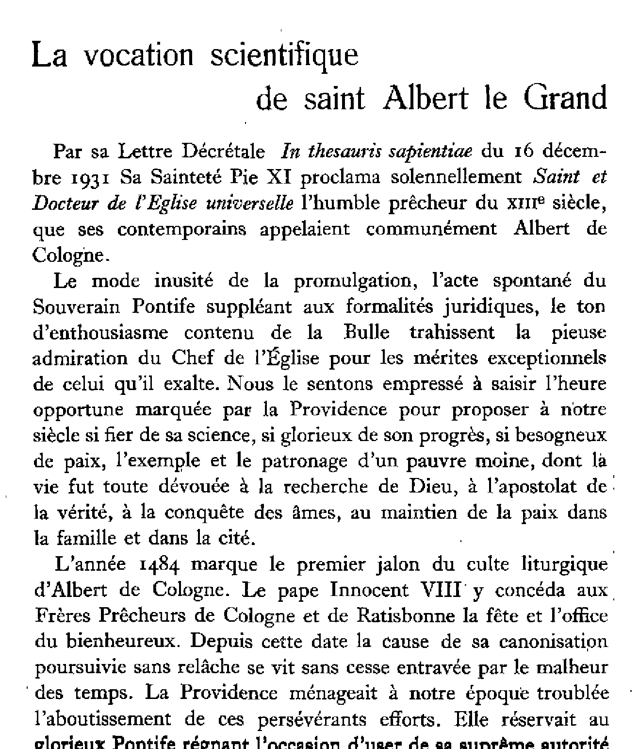 La vocation scientifique de saint Albert le Grand