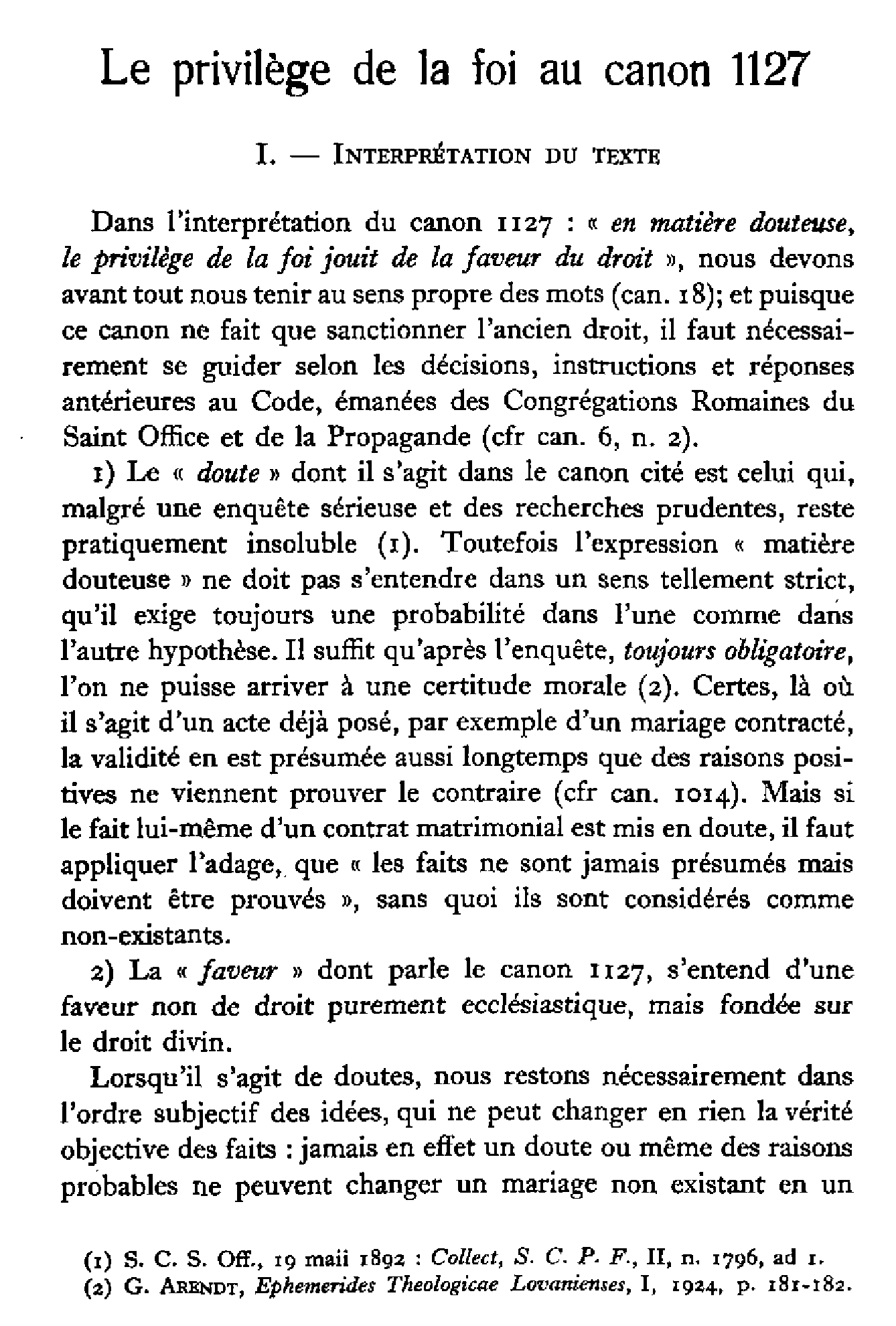 Le privilège de la foi au canon 1127