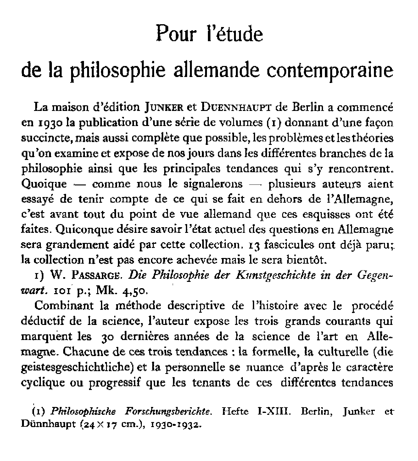 Pour l'étude de la philosophie allemande contemporaine