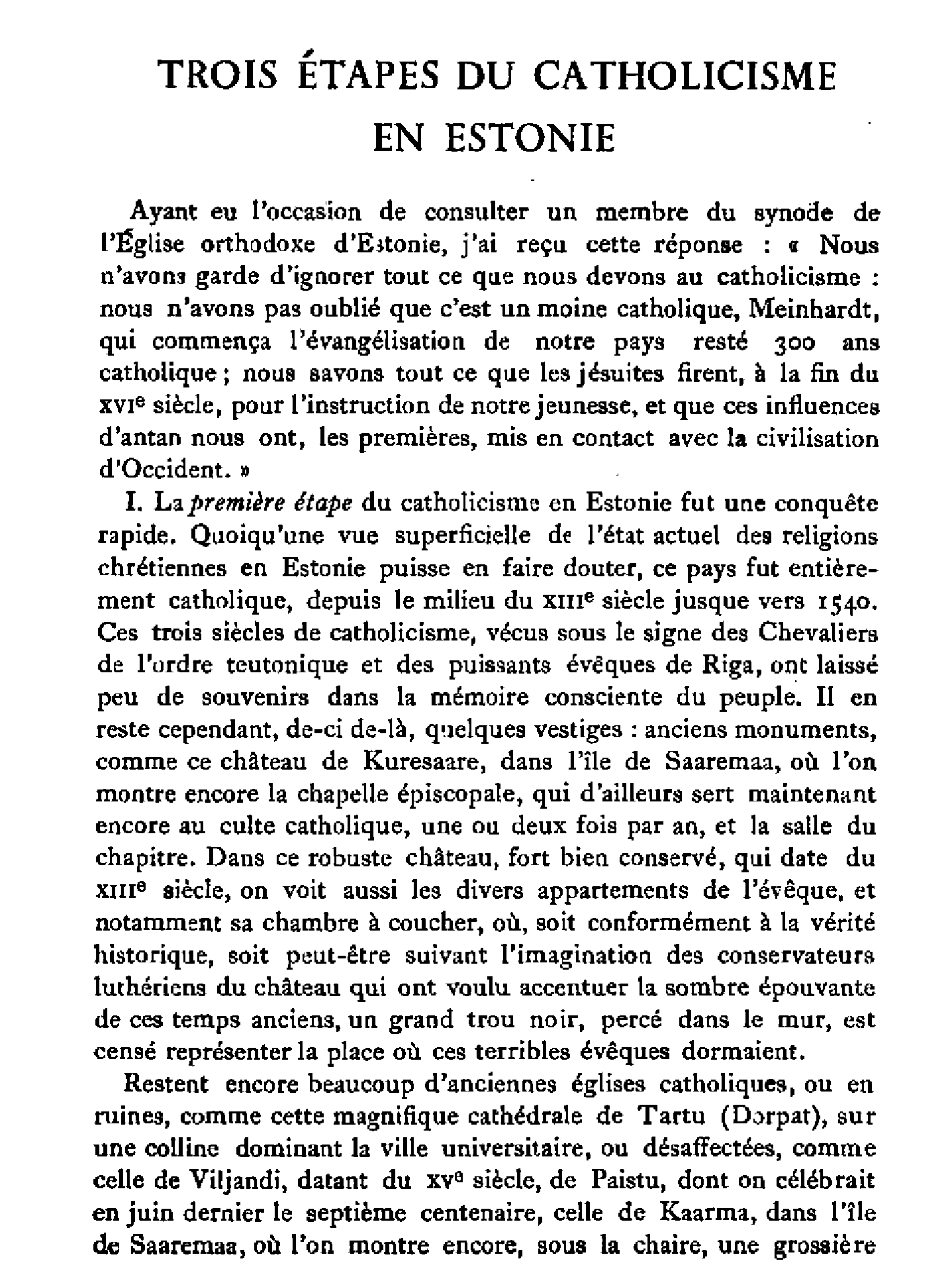 Trois étapes du catholicisme en Estonie