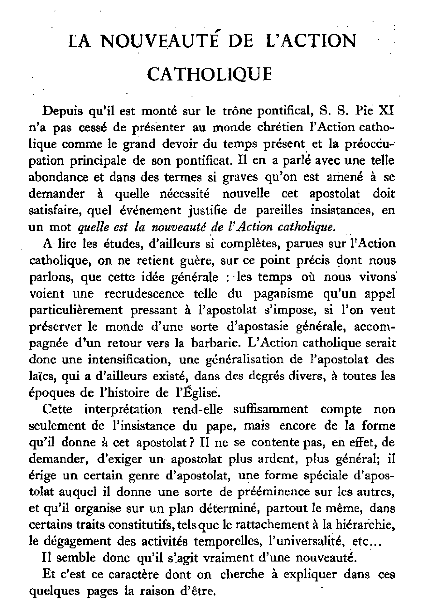 La nouveauté de l'action catholique