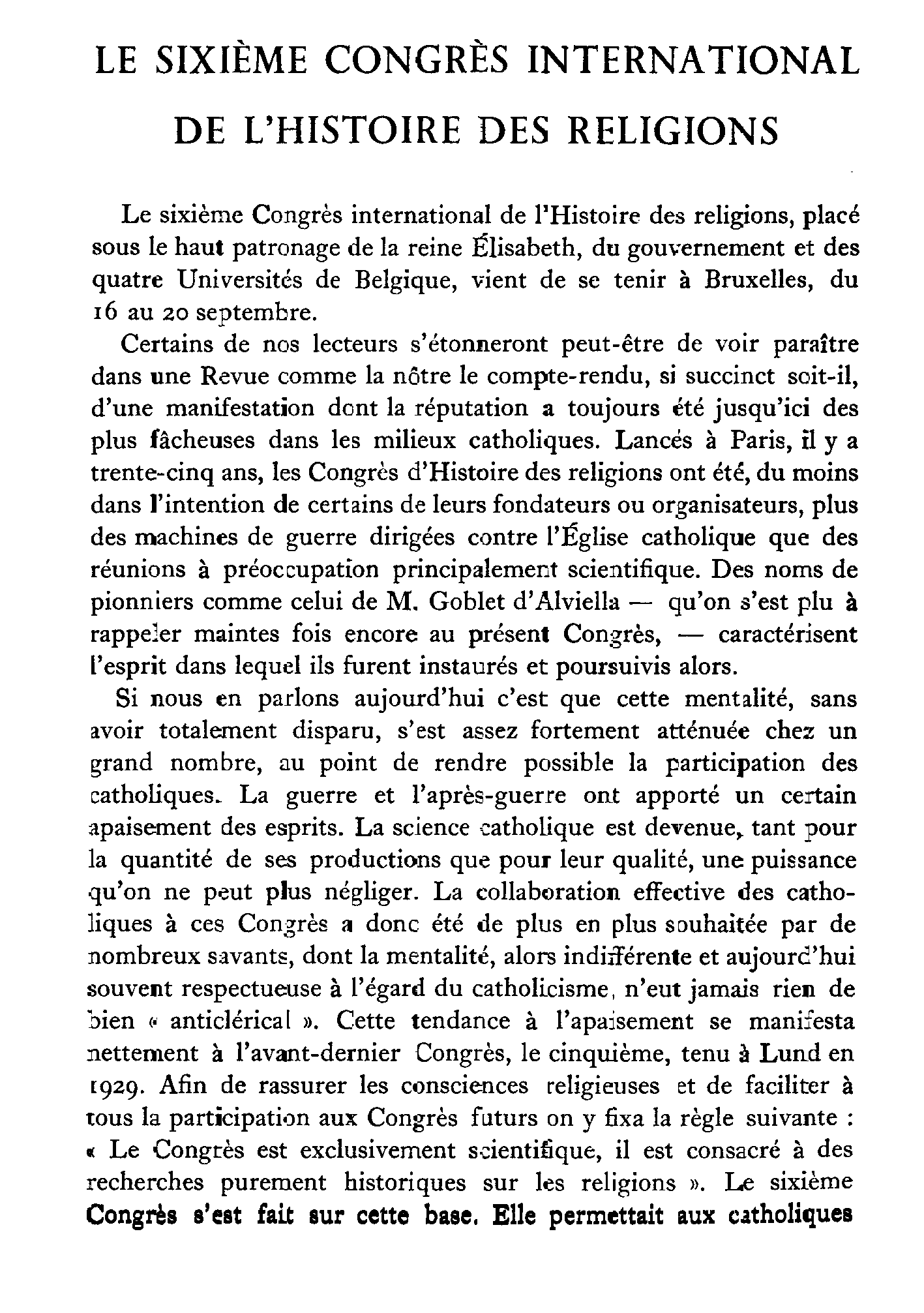 Le sixième congrès international de l'histoire des religions