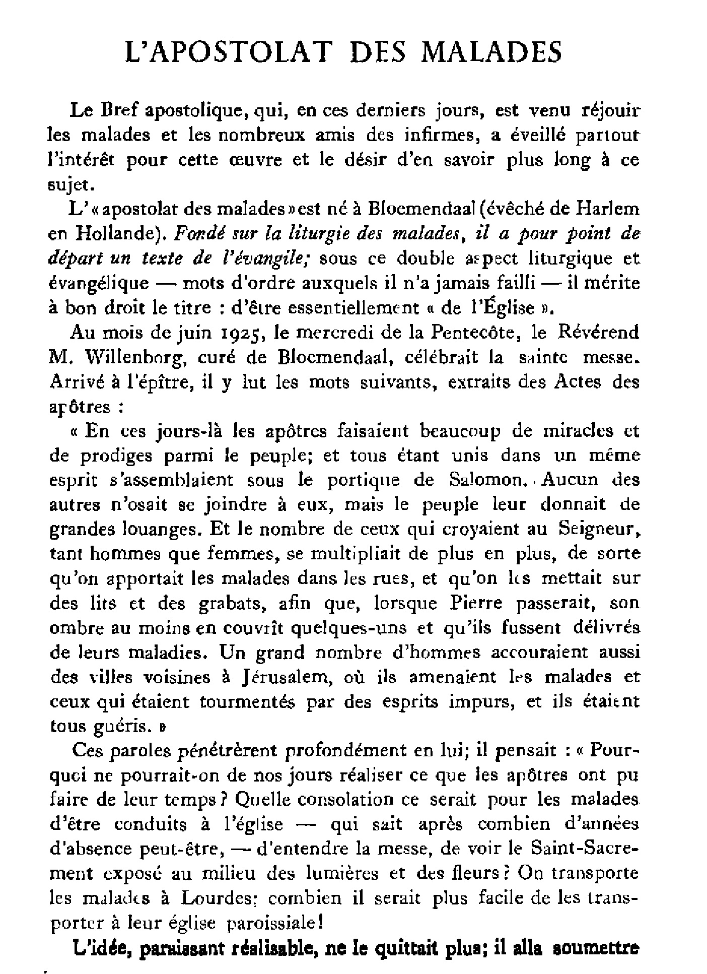 L'apostolat des malades