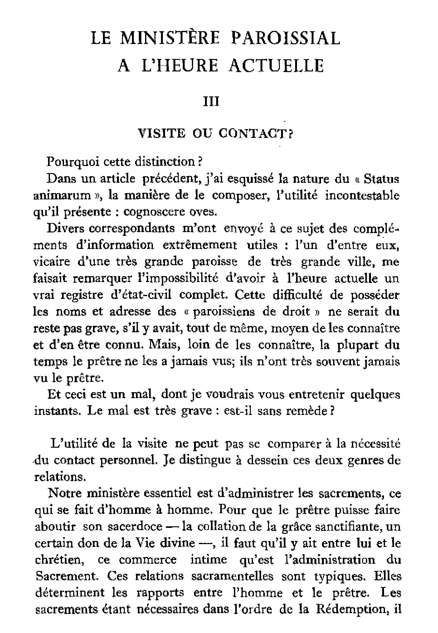 Le ministère paroissial à l'heure actuelle