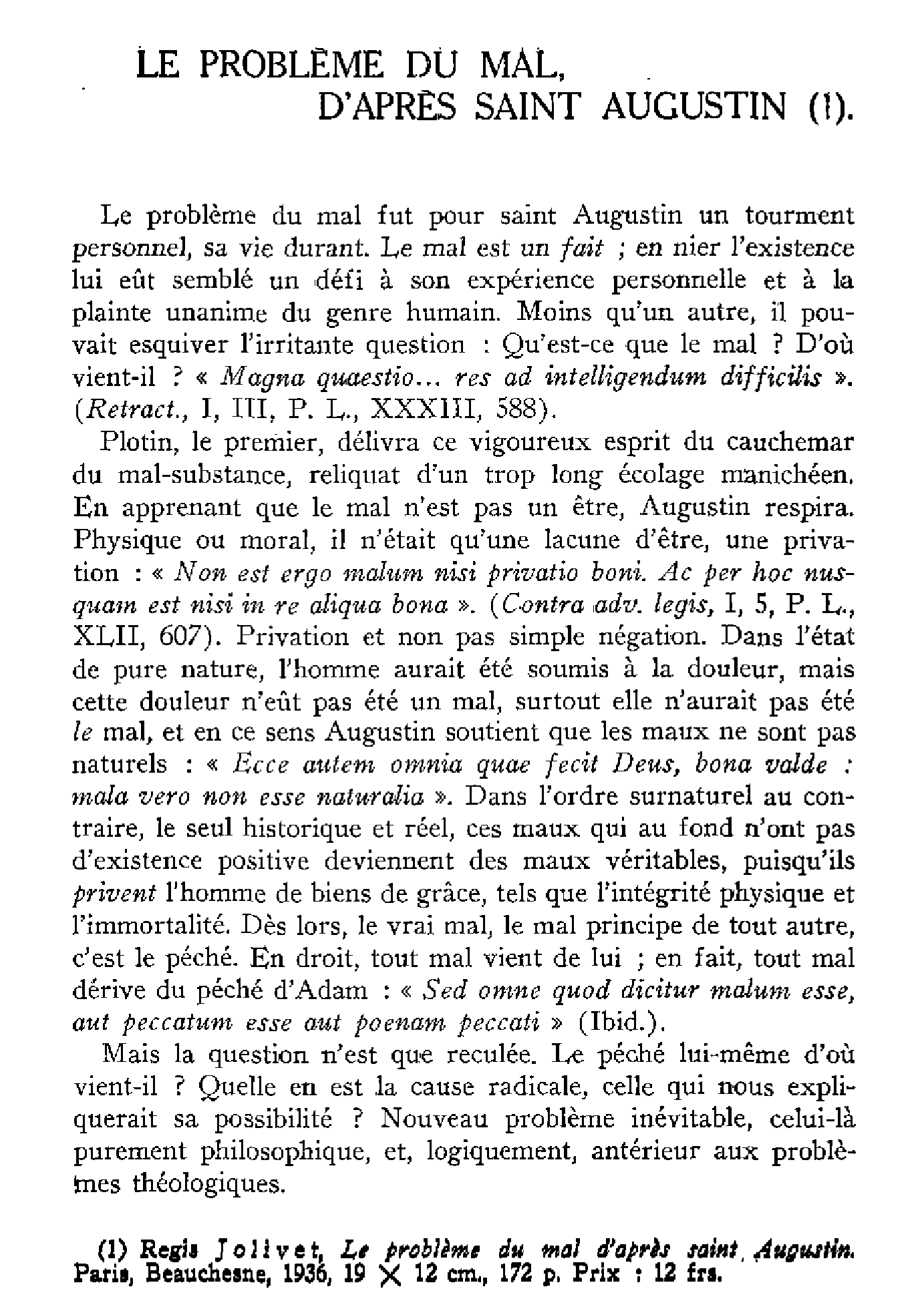 Le problème du mal, d'après Saint Augustin