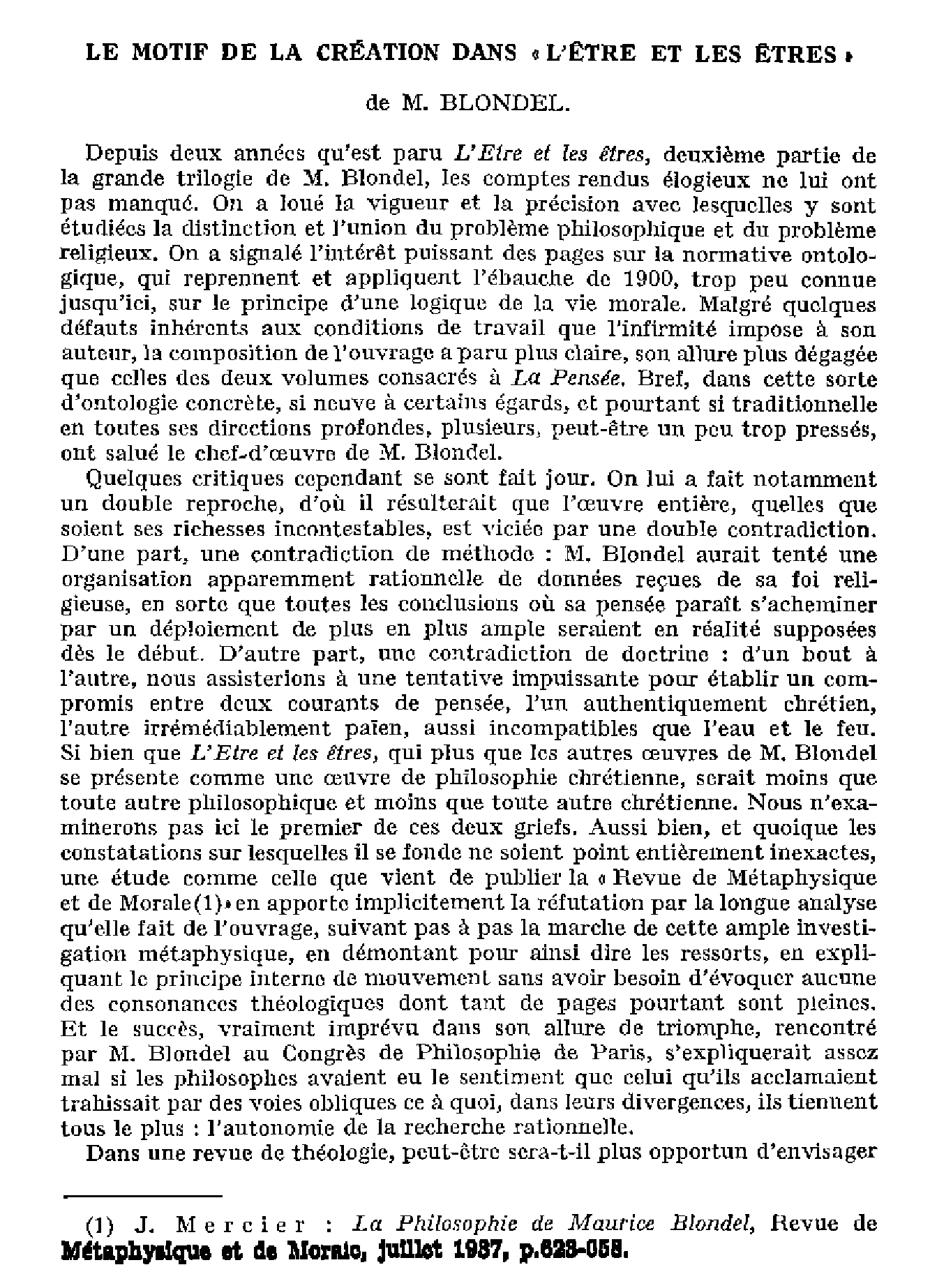 Le motif de la création dans 'L'Etre et les etres'. Morale et corps mystique. La sorcellerie dans les pays de mission