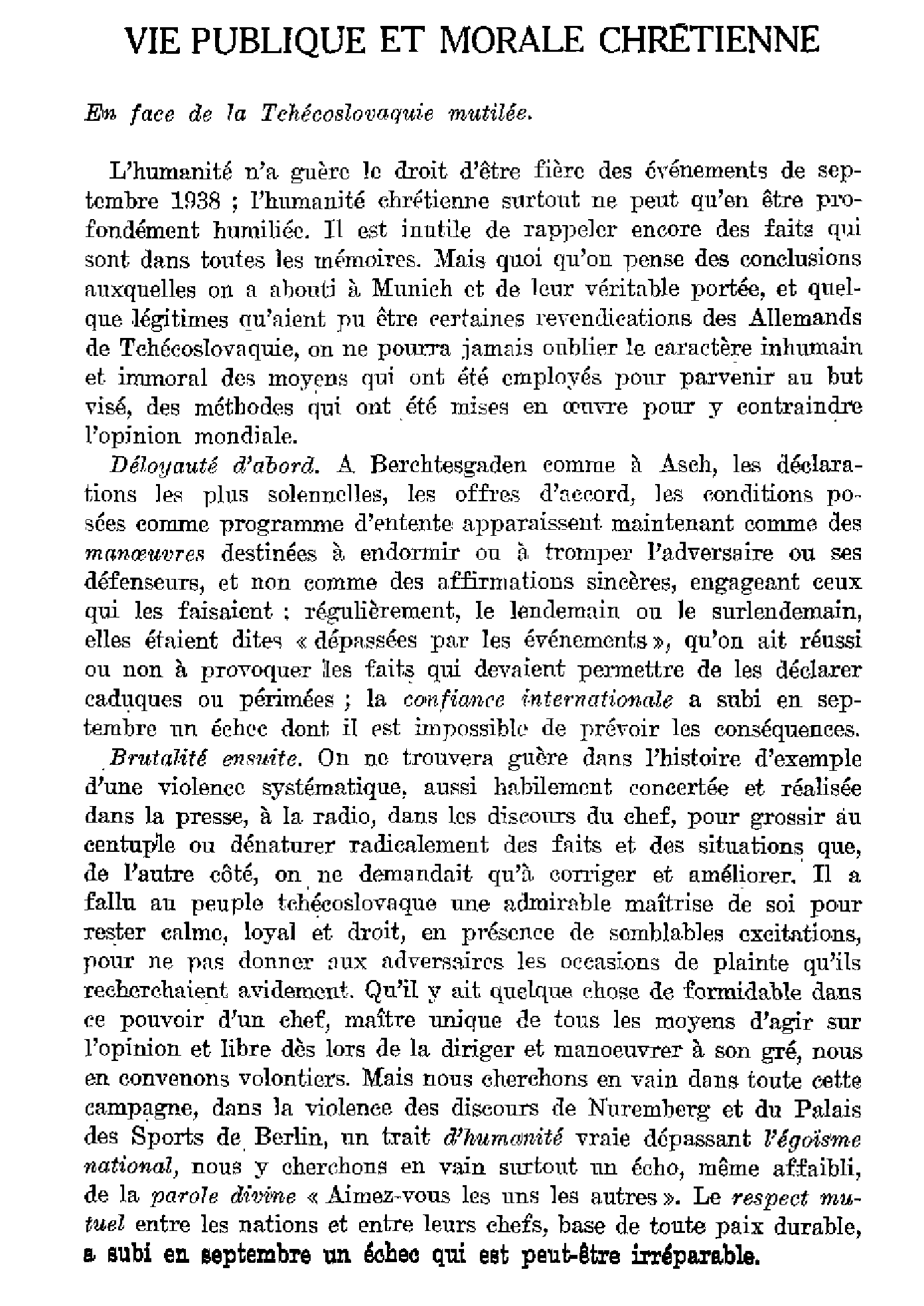 Vie publique et morale chrétienne. En face de la Tchécoslovaquie mutilée.