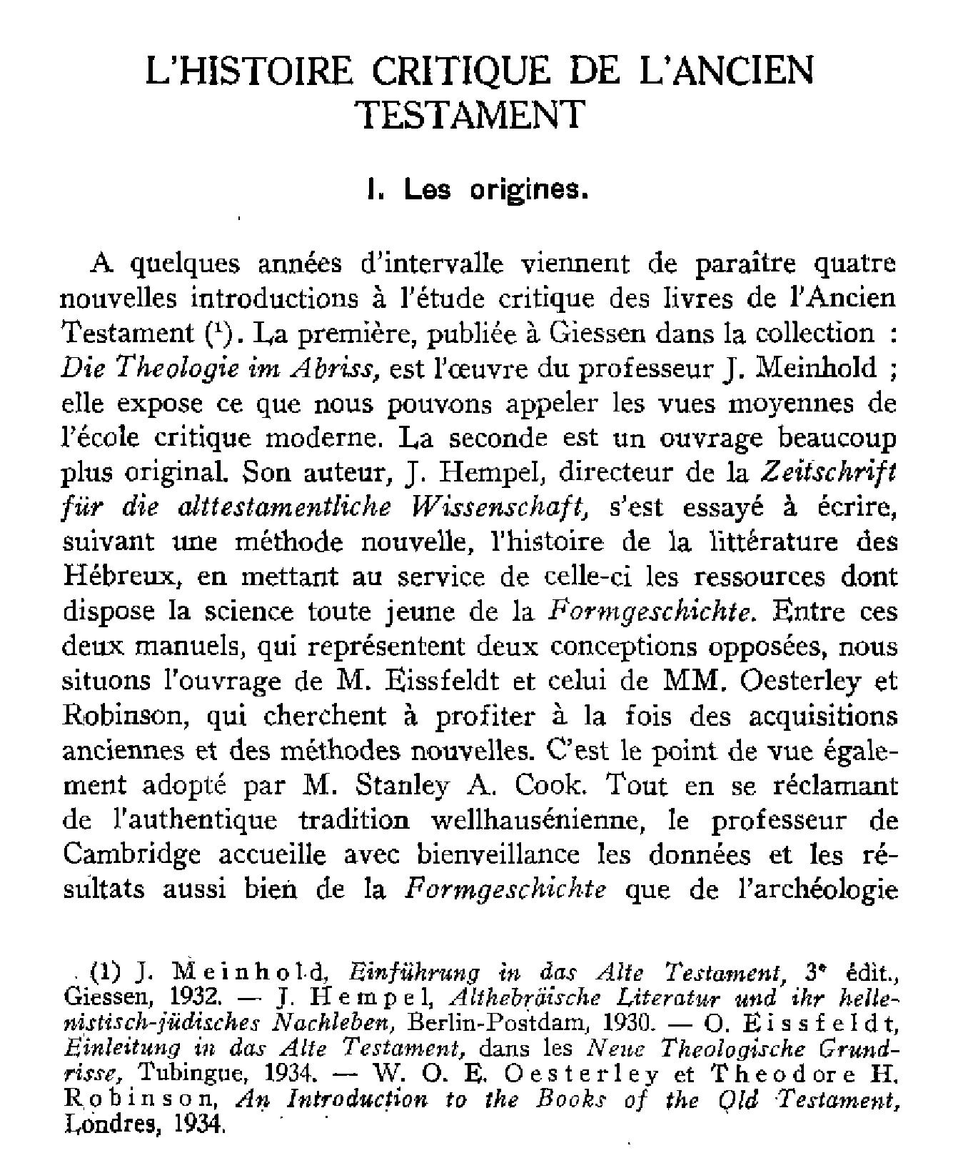 L'histoire critique de l'Ancien Testament. I. Les origines.