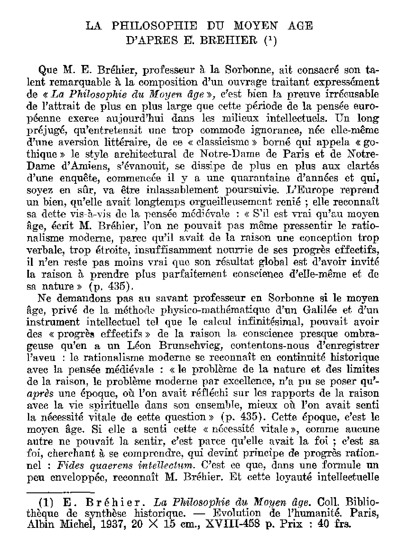 La philosophie du Moyen Age d'après E. BREHIER