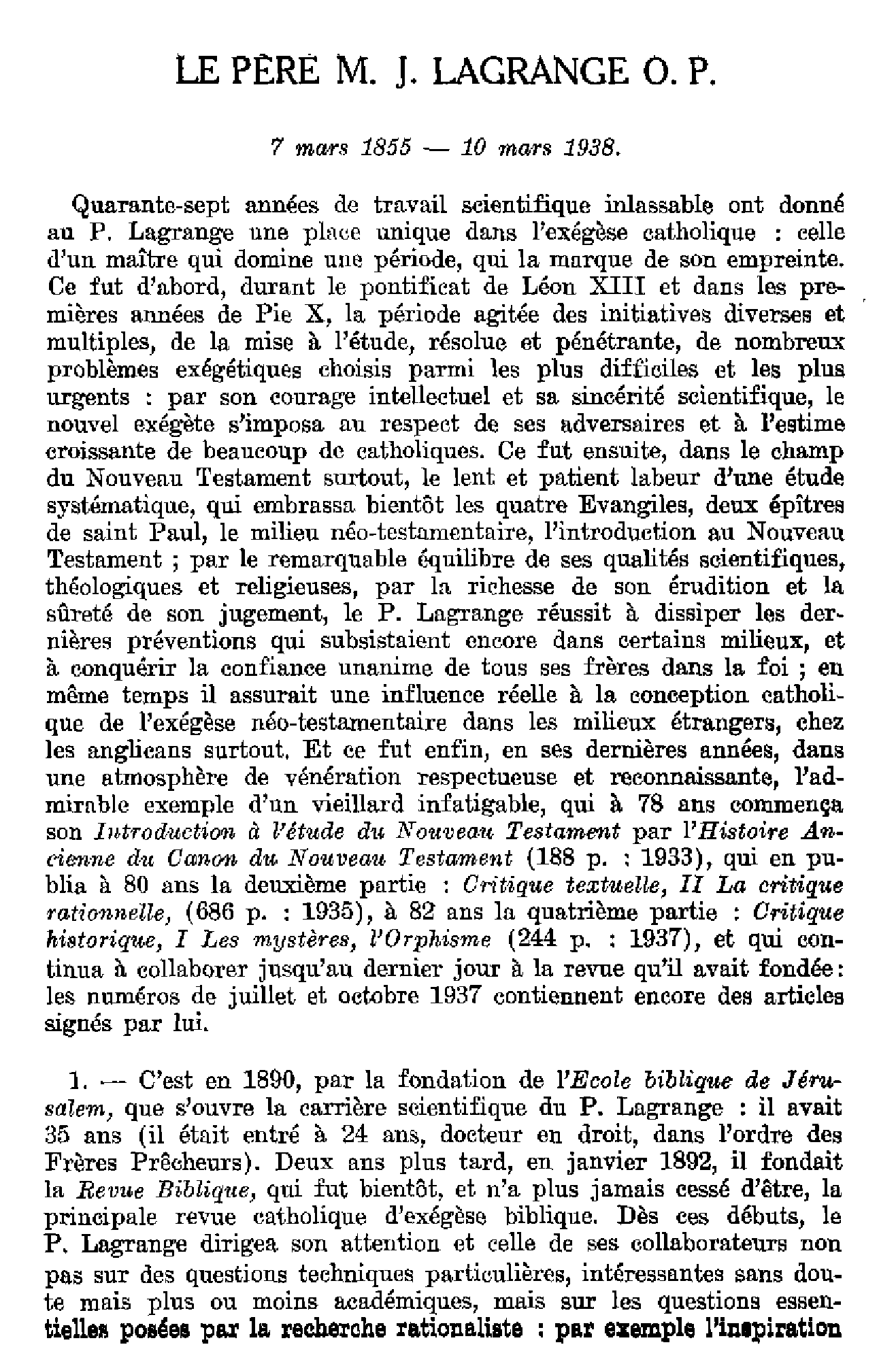 Le Père M.J. Lagrange, o.p.