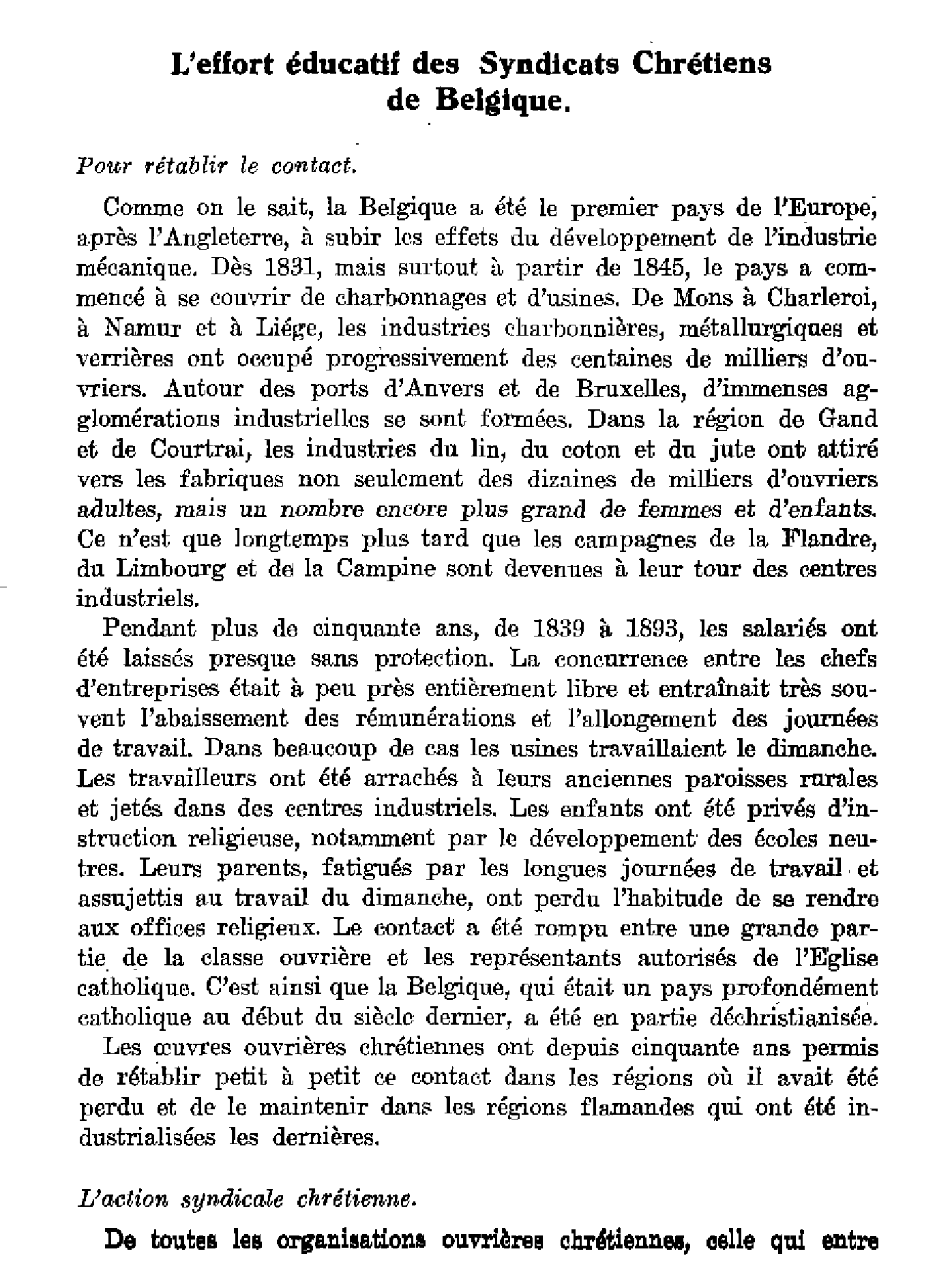 L'effort éducatif des Syndicats Chrétiens de Belgique