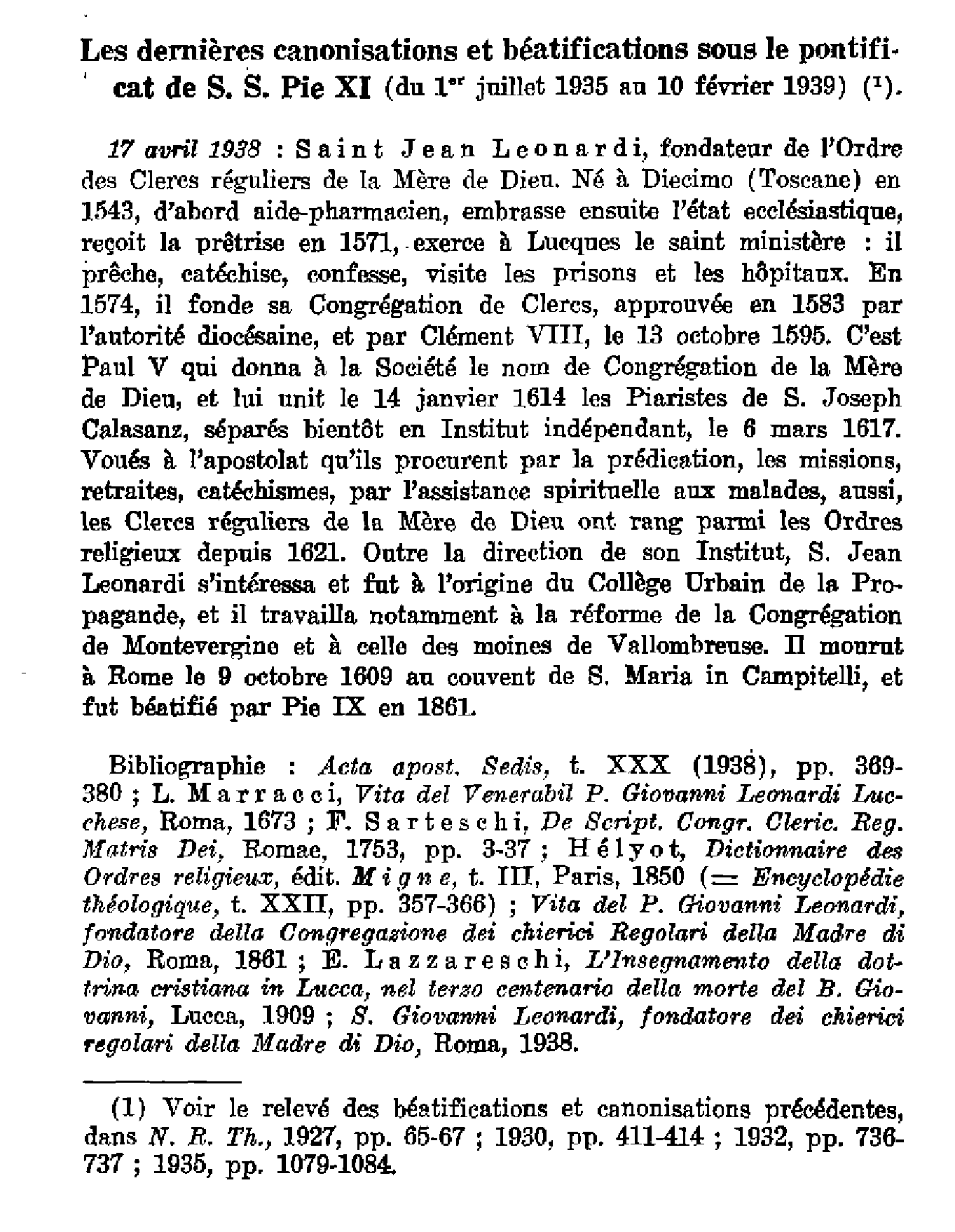 Actes du Souverain Pontife. Les dernières canonisations et béatifications sous le pontificat de S. S. Pie XI