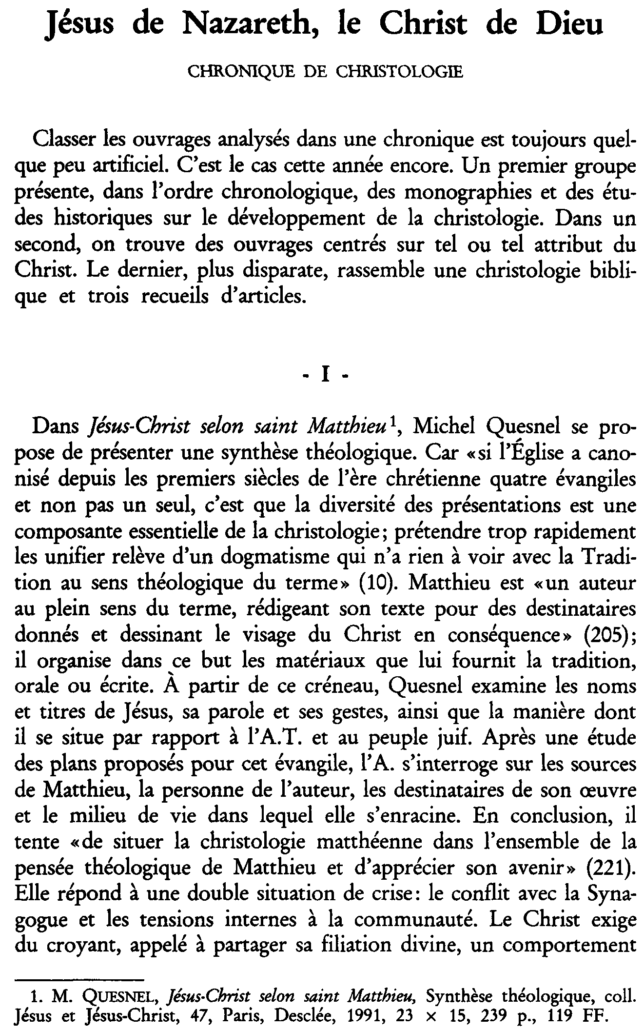 Jésus de Nazareth, le Christ de Dieu. Chronique de christologie