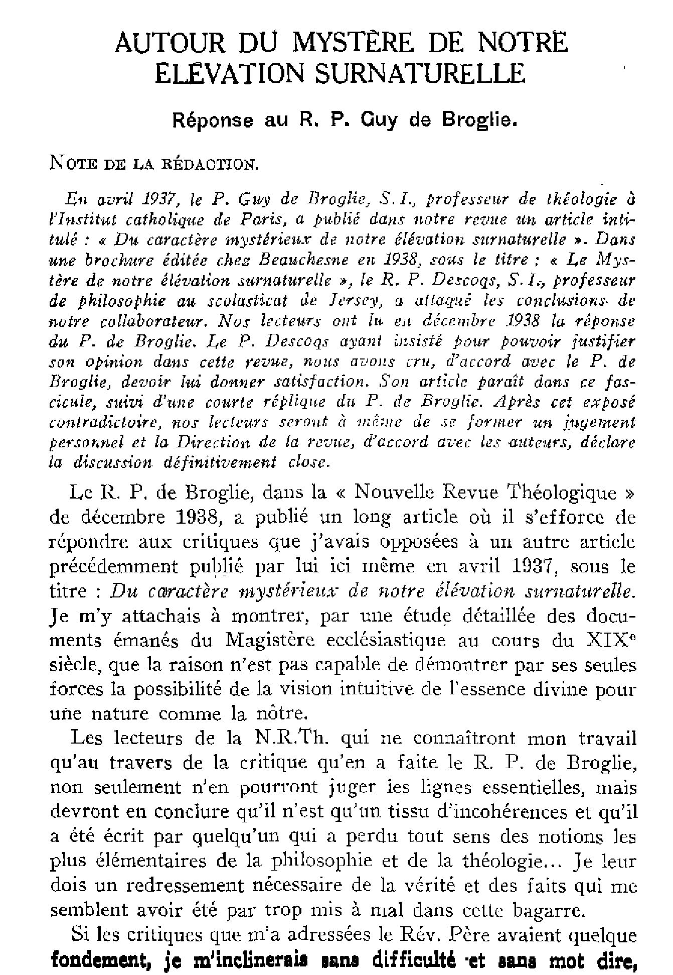 Autour du mystère de notre élévation surnaturelle