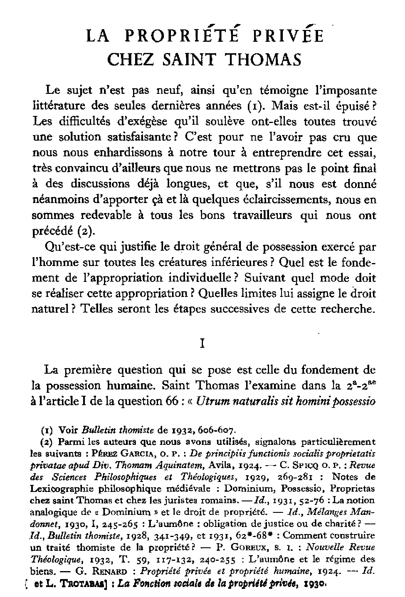 La propriété privée chez Saint Thomas (I)