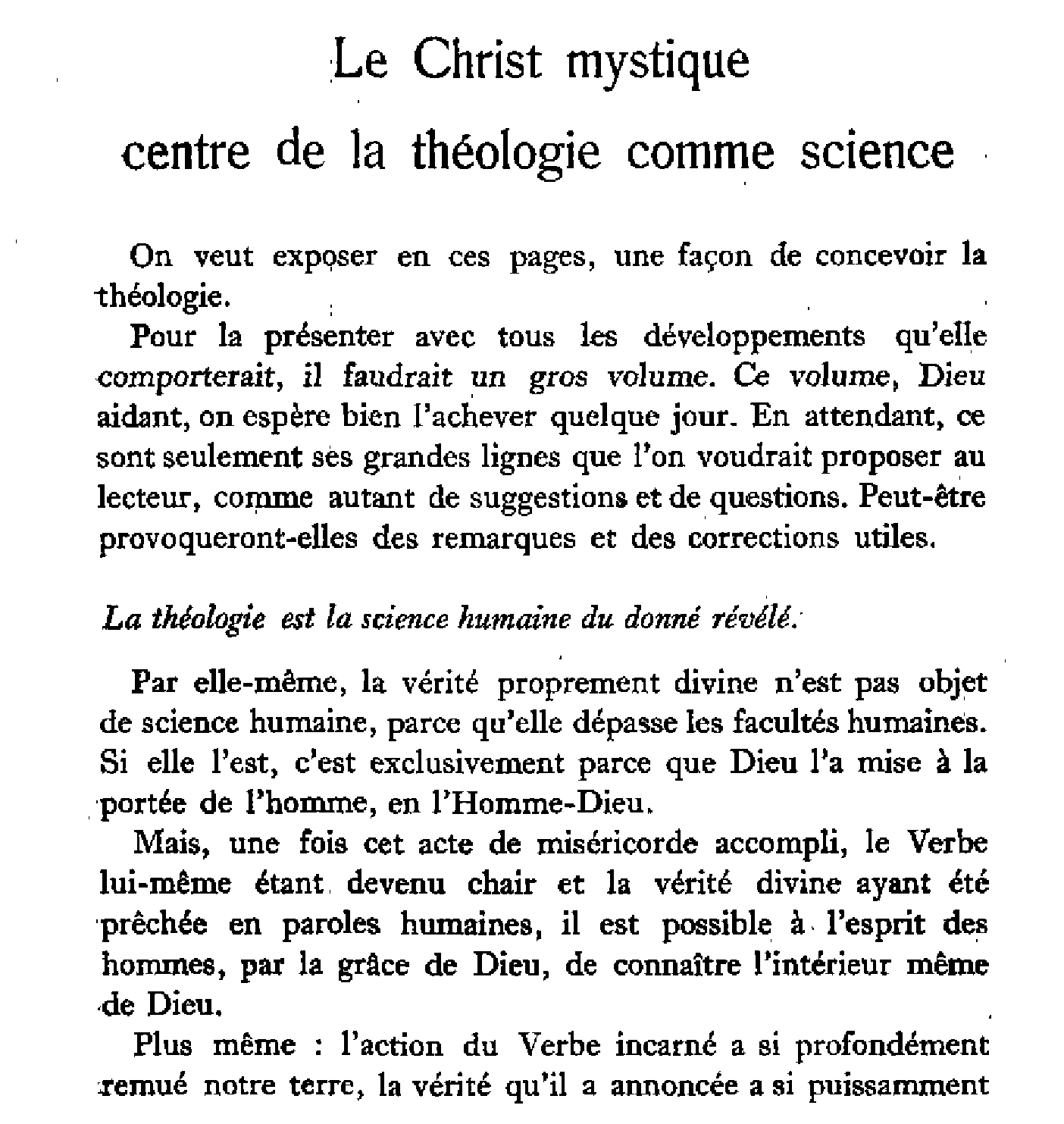 Le Christ mystique centre de la théologie comme science