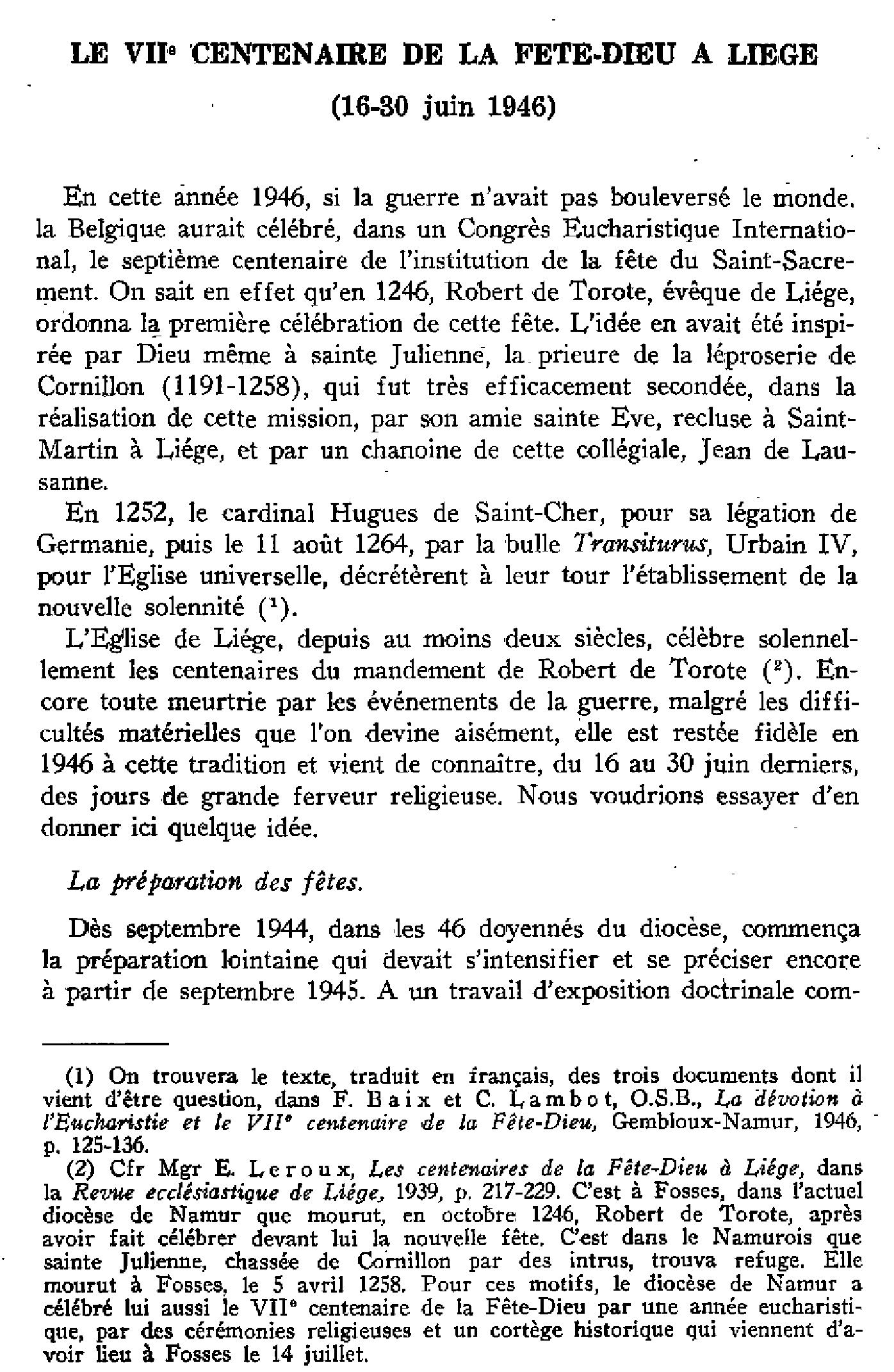 Le VIIème centenaire de la Fête-Dieu à Liège (16-30 juin 1946)