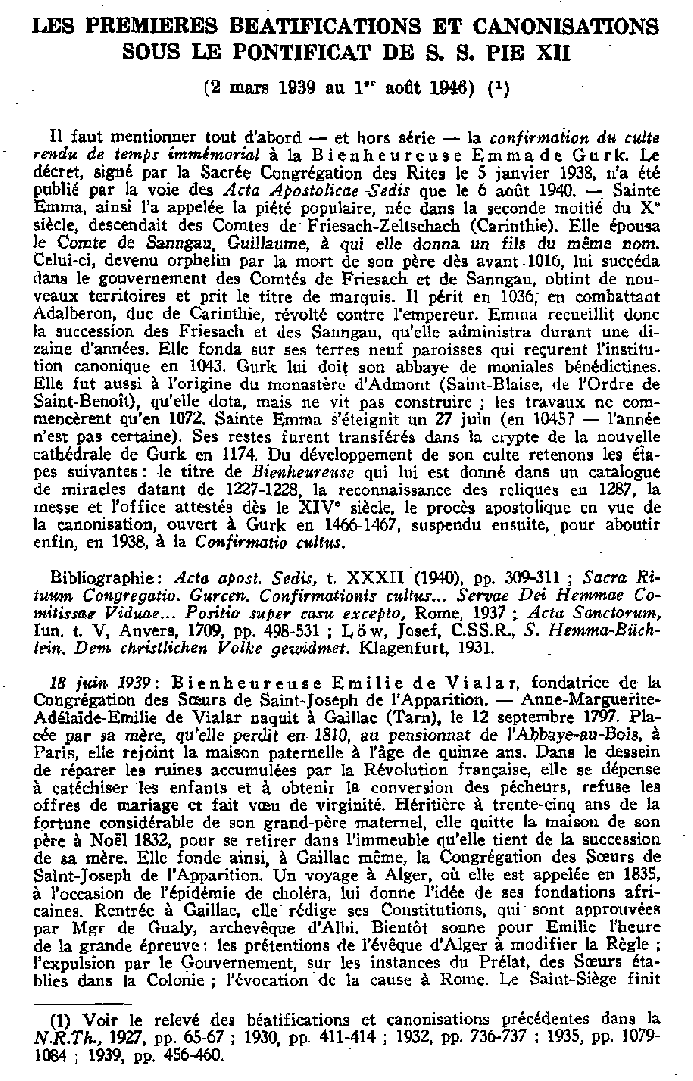 Les premières béatifications et canonisations sous le pontificat de S.S. Pie XII