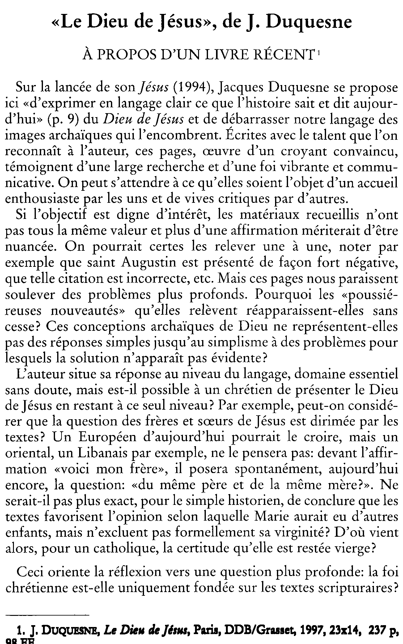 Le Dieu de Jésus, de J. Duquesne. À propos d'un livre récent