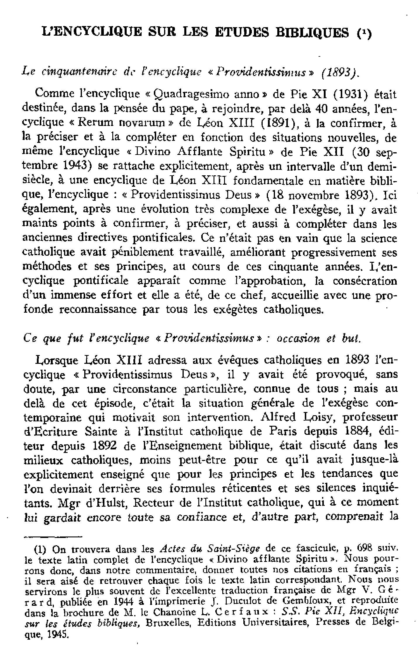 L'encyclique sur les études bibliques (I)