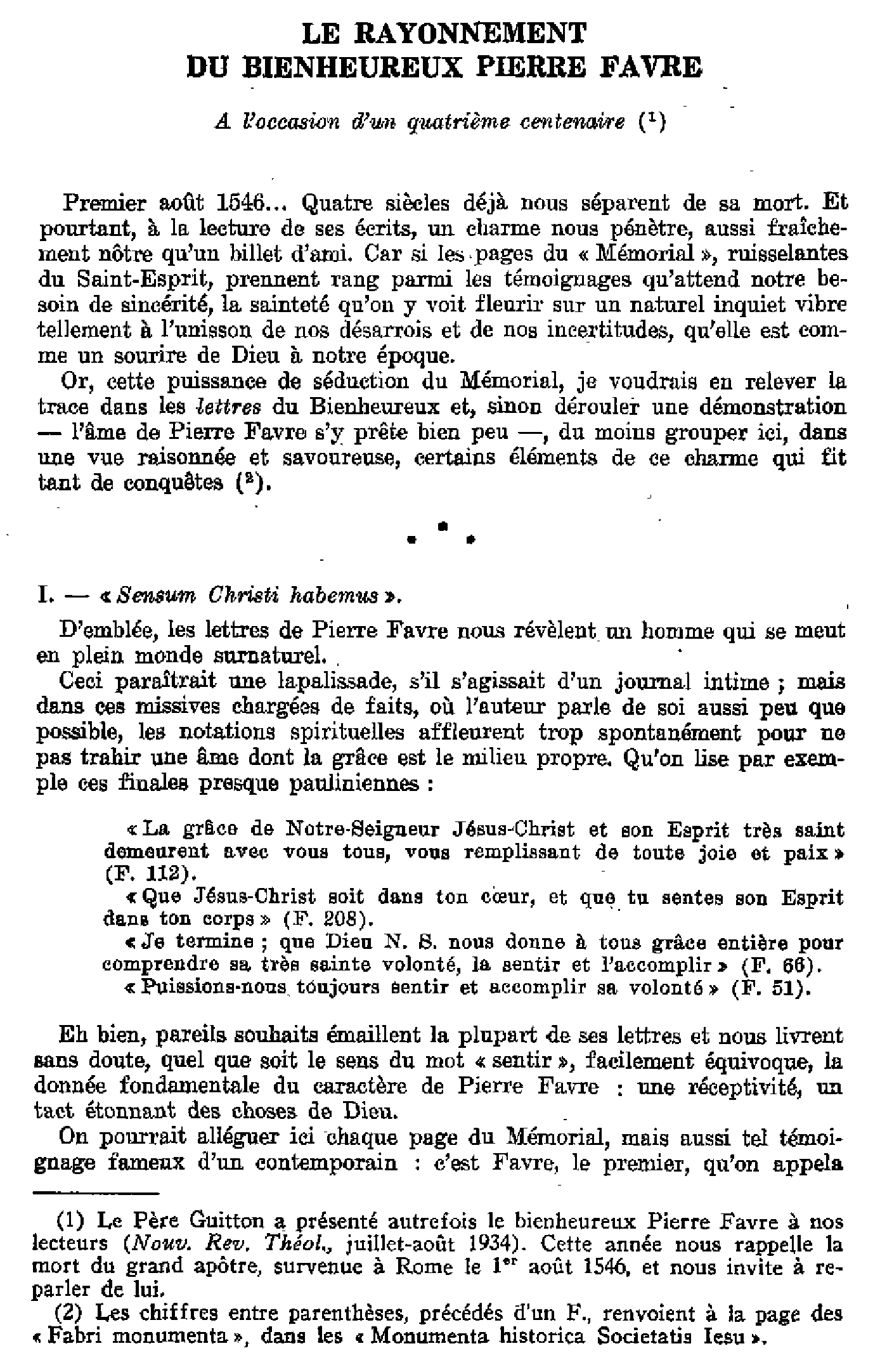 Le rayonnement du bienheureux Pierre Favre