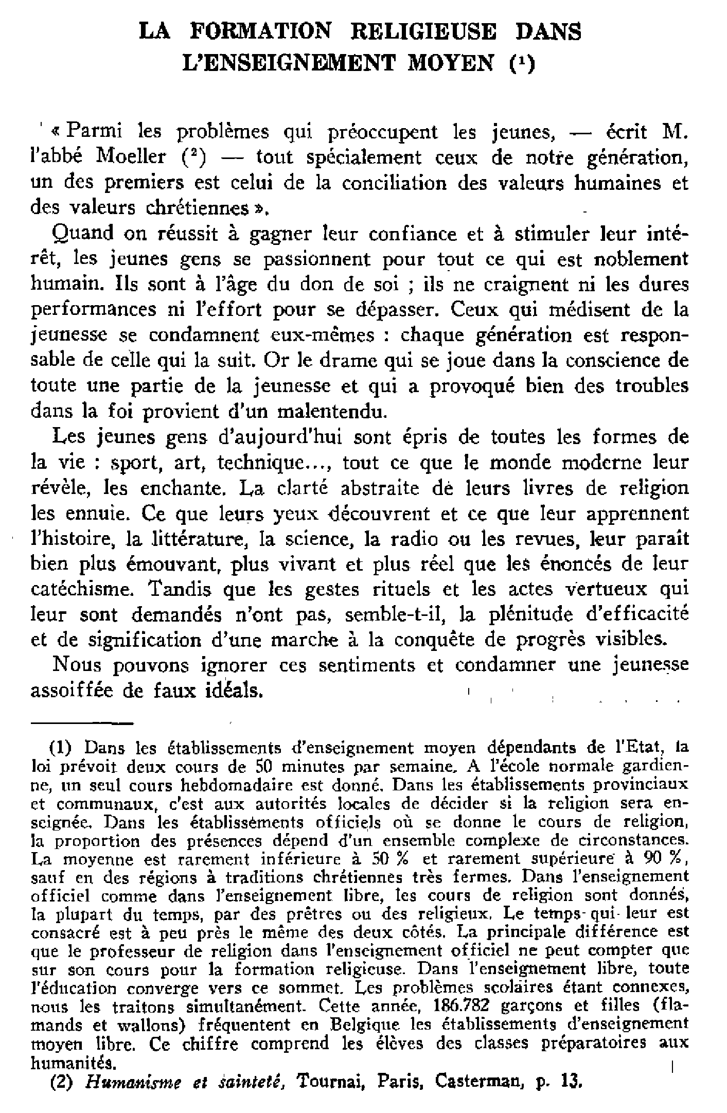 La formation religieuse dans l'enseignement moyen