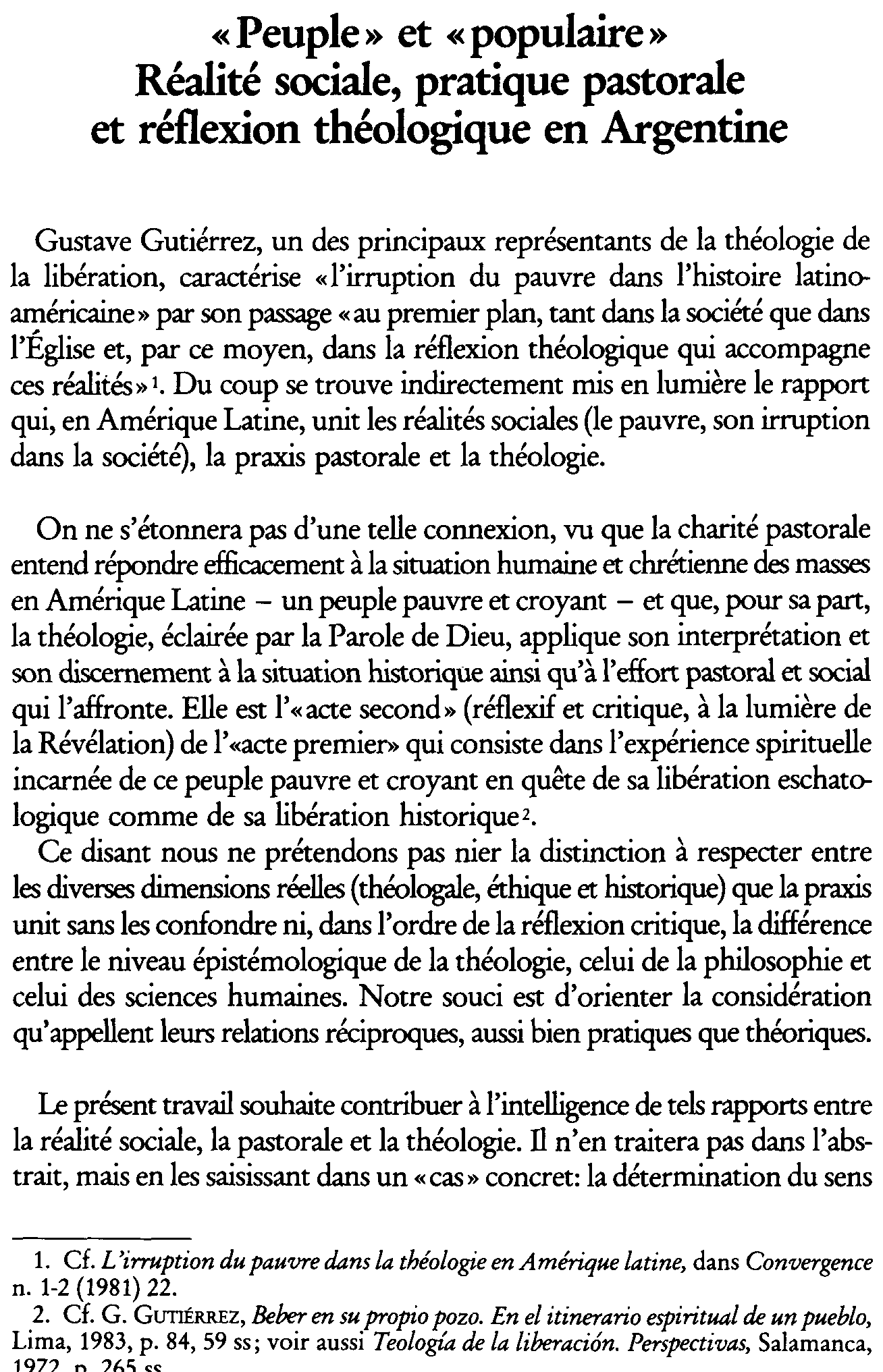 Peuple et «populaire». Réalité sociale, pratique pastorale et réflexion théologique en Argentine