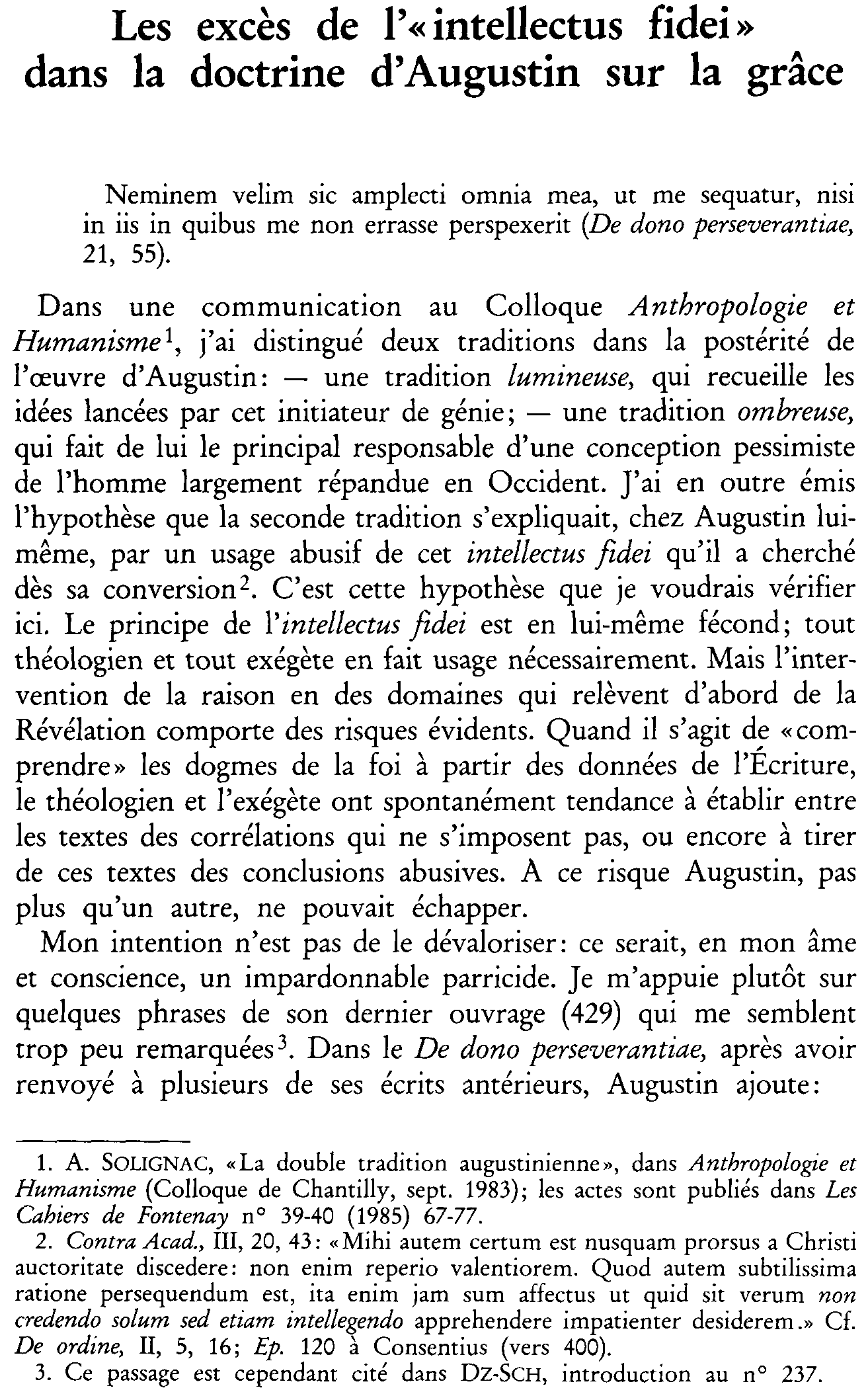Les excès de l'«intellectus fidei» dans la doctrine d'Augustin sur la grâce