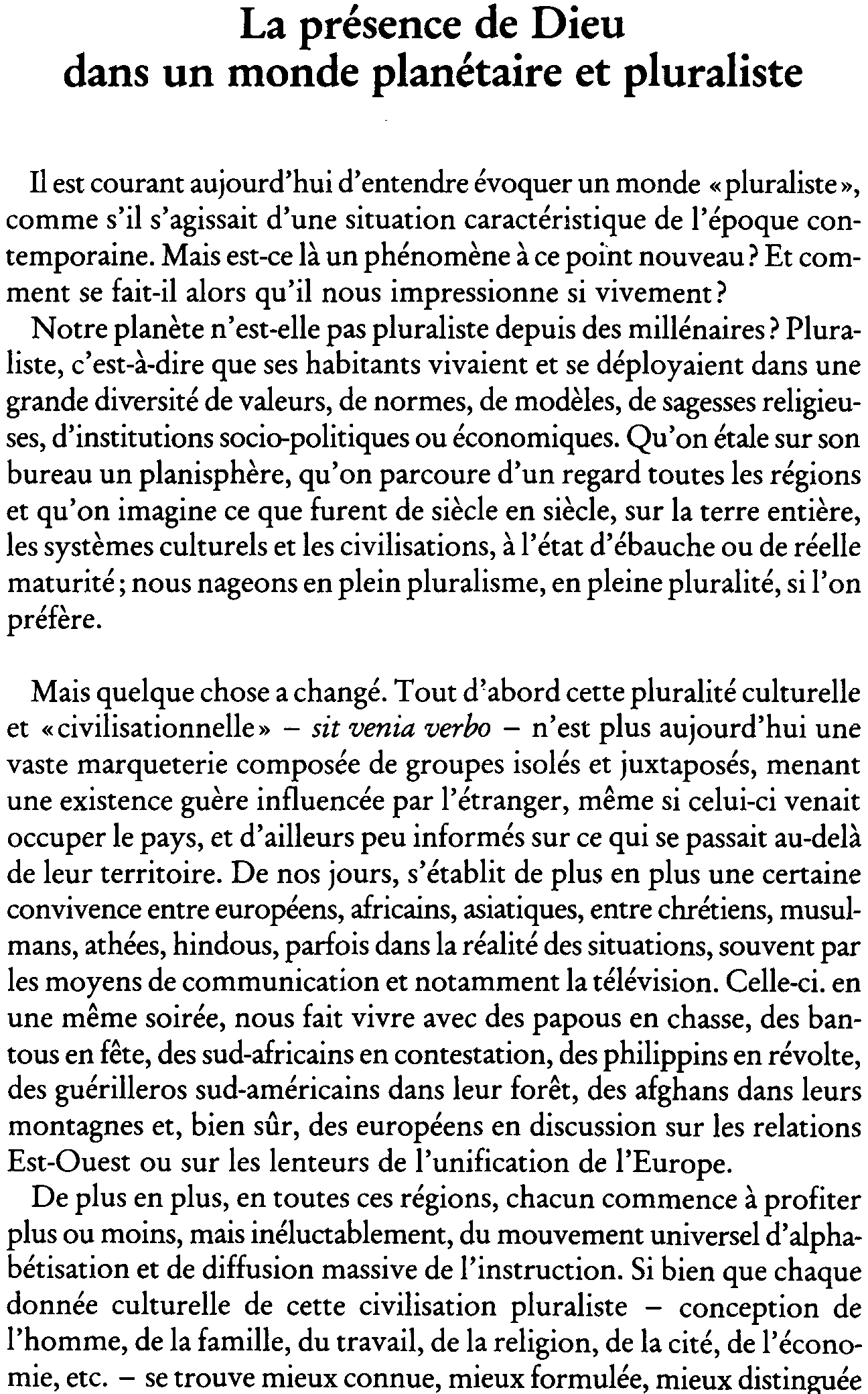 La présence de Dieu dans un monde planétaire et pluraliste