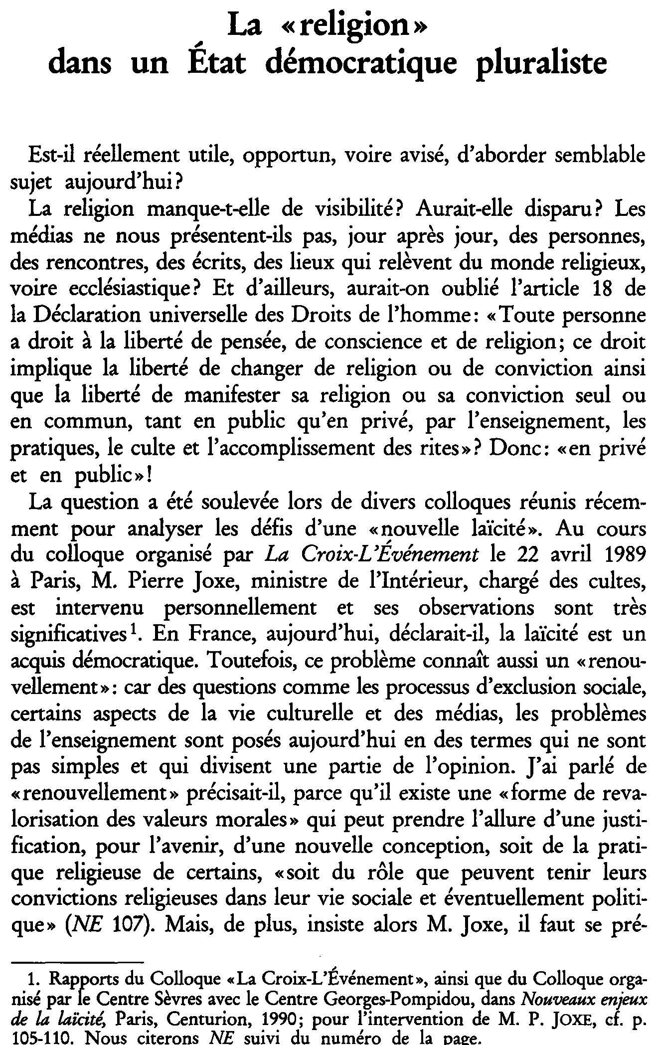 La «religion» dans un État démocratique pluraliste