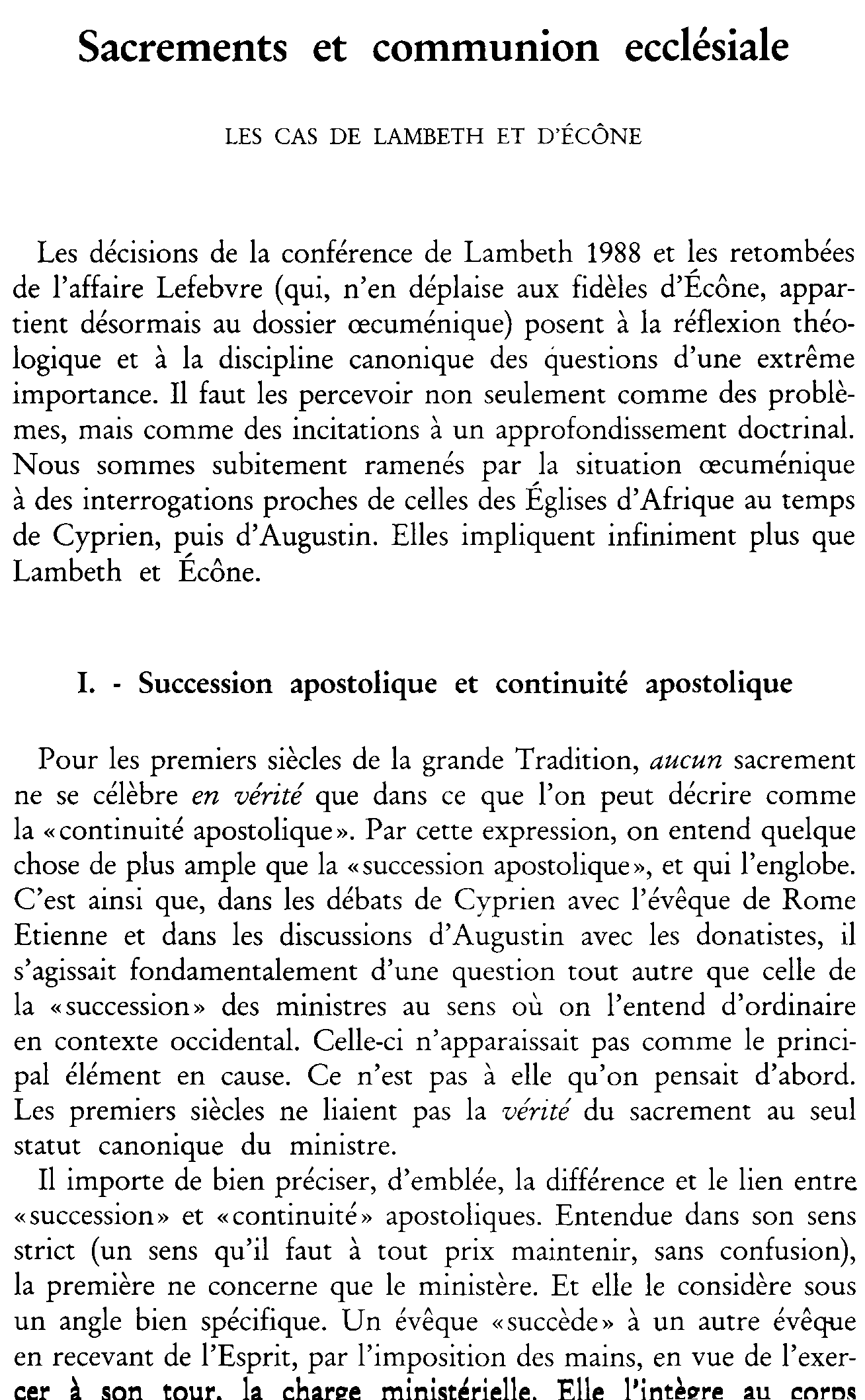 Sacrements et communion ecclésiale. Les cas de Lambeth et d'Écône