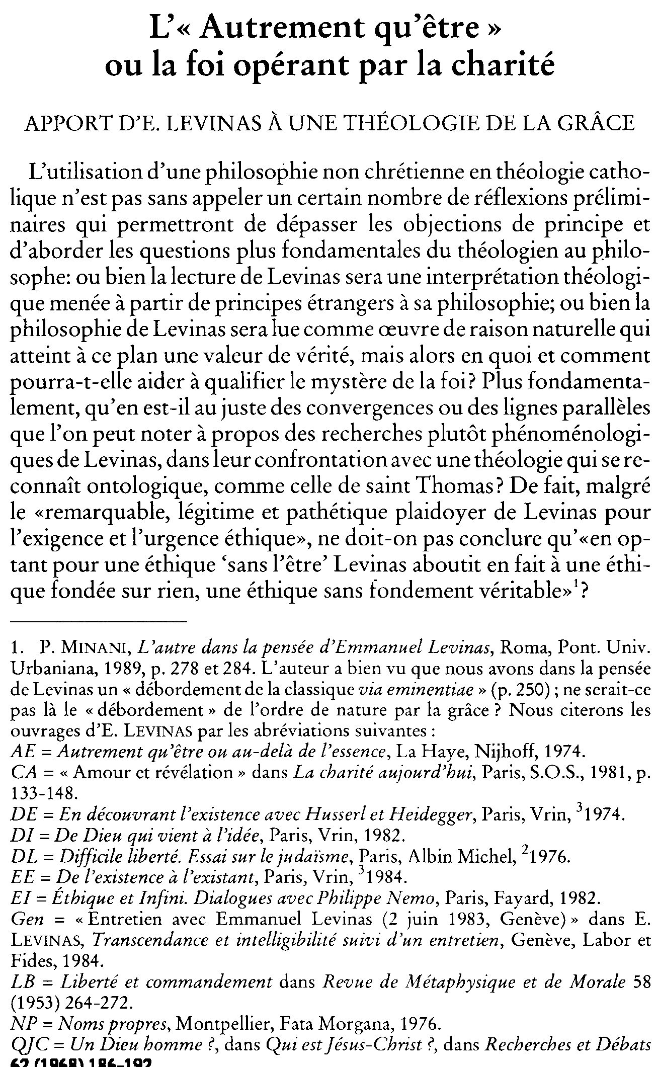 L'«Autrement qu'être» ou la foi opérant par la charité. Apport d'E. Levinas à une théologie de la grâce