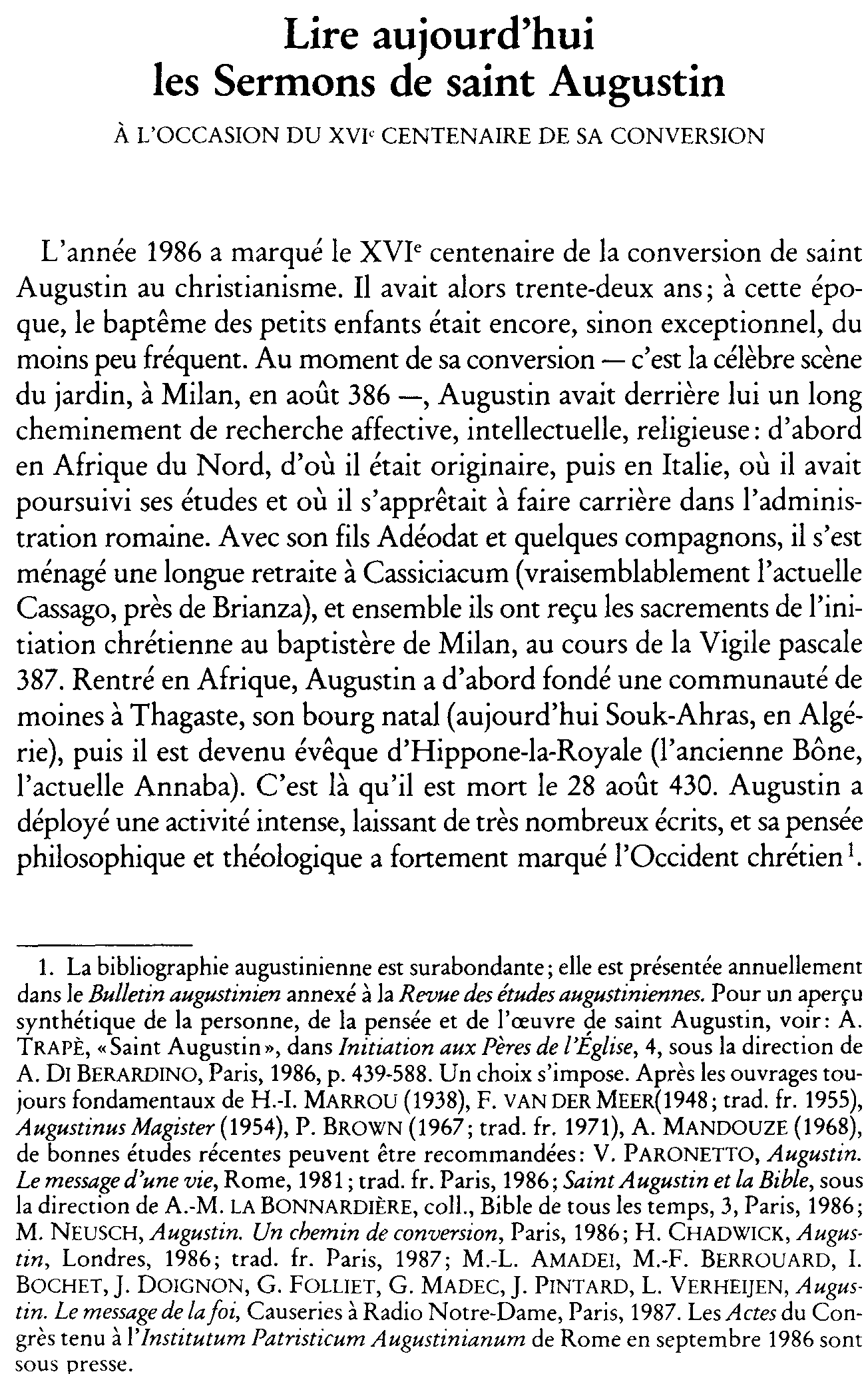 Lire aujourd'hui les Sermons de saint Augustin. À l'occasion du XVIe centenaire de sa conversion