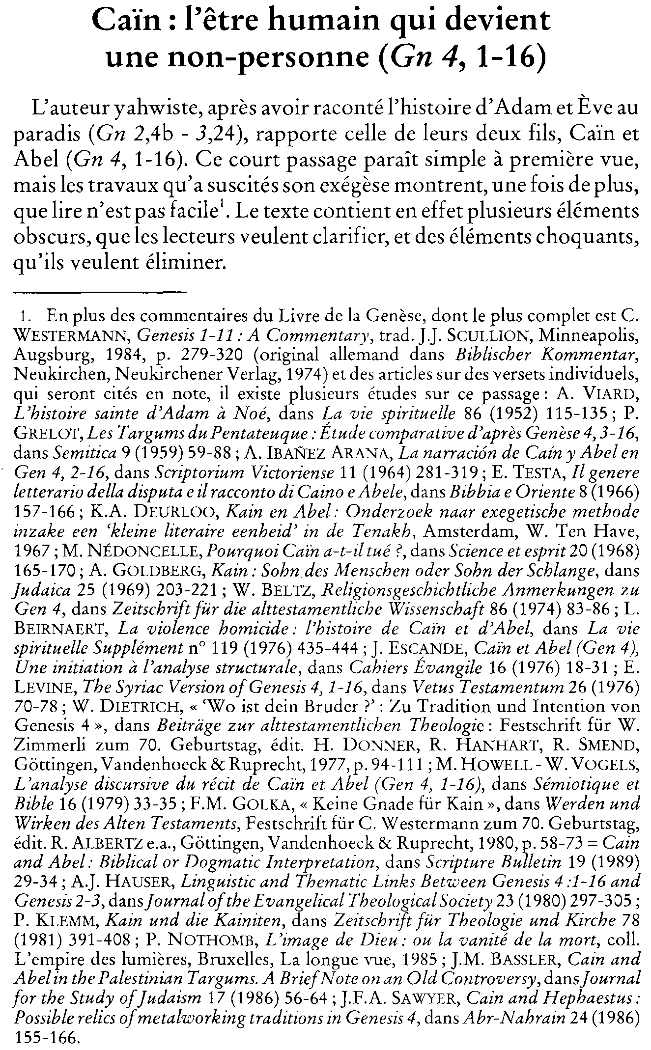 Caïn: l'être humain qui devient une non-personne (Gn 4,1-16)