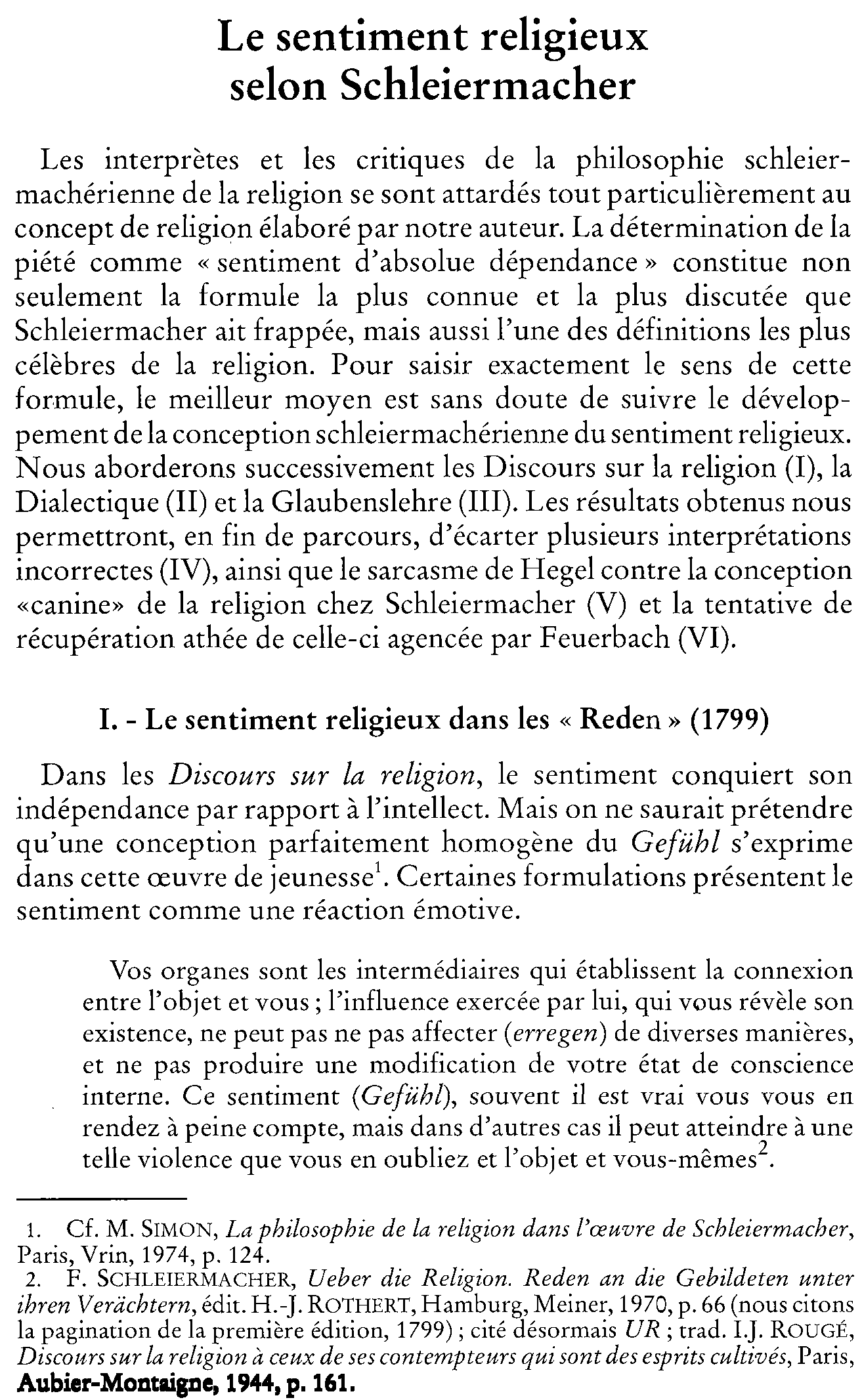 Le sentiment religieux selon Schleiermacher