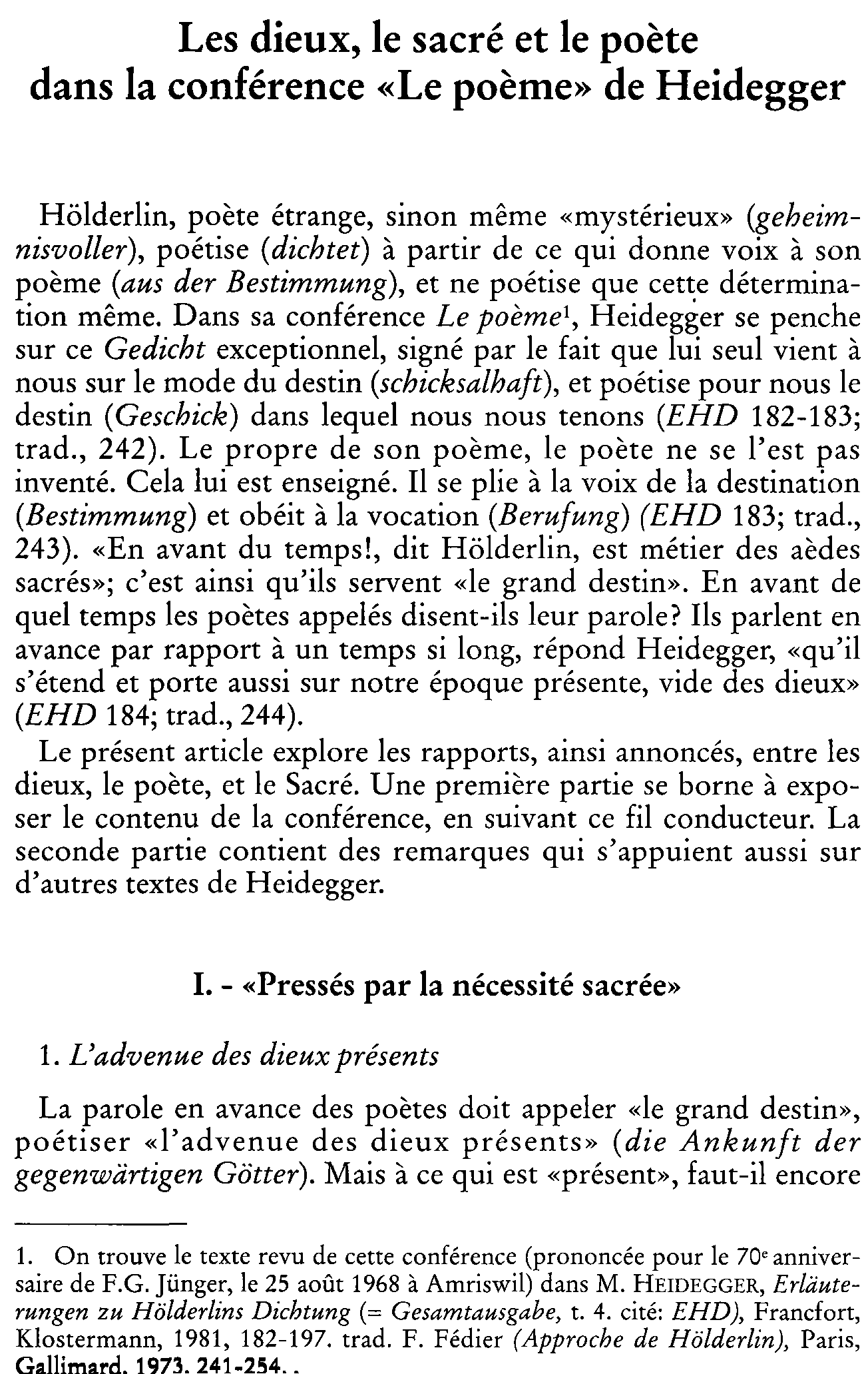 Les dieux, le sacré et le poète dans la conférence « Le poème » de Heidegger
