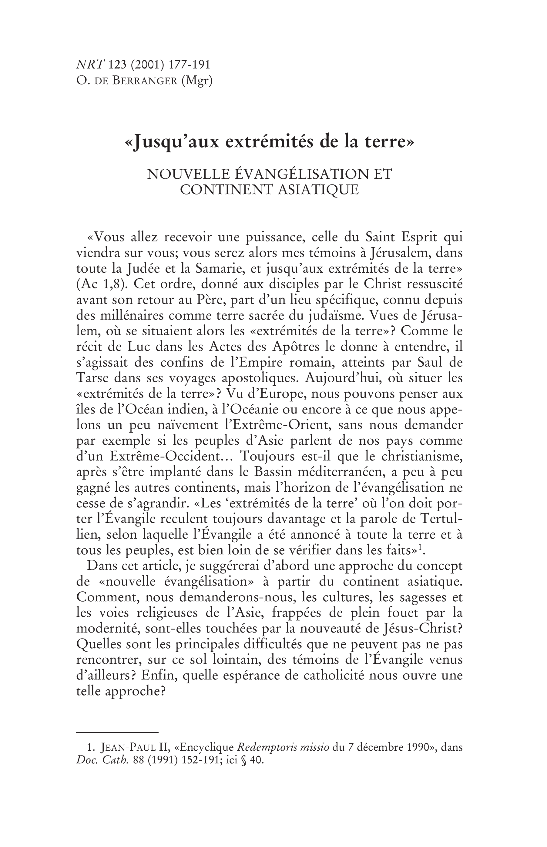 « Jusqu'aux extrémités de la terre ». Nouvelle évangélisation et continent asiatique