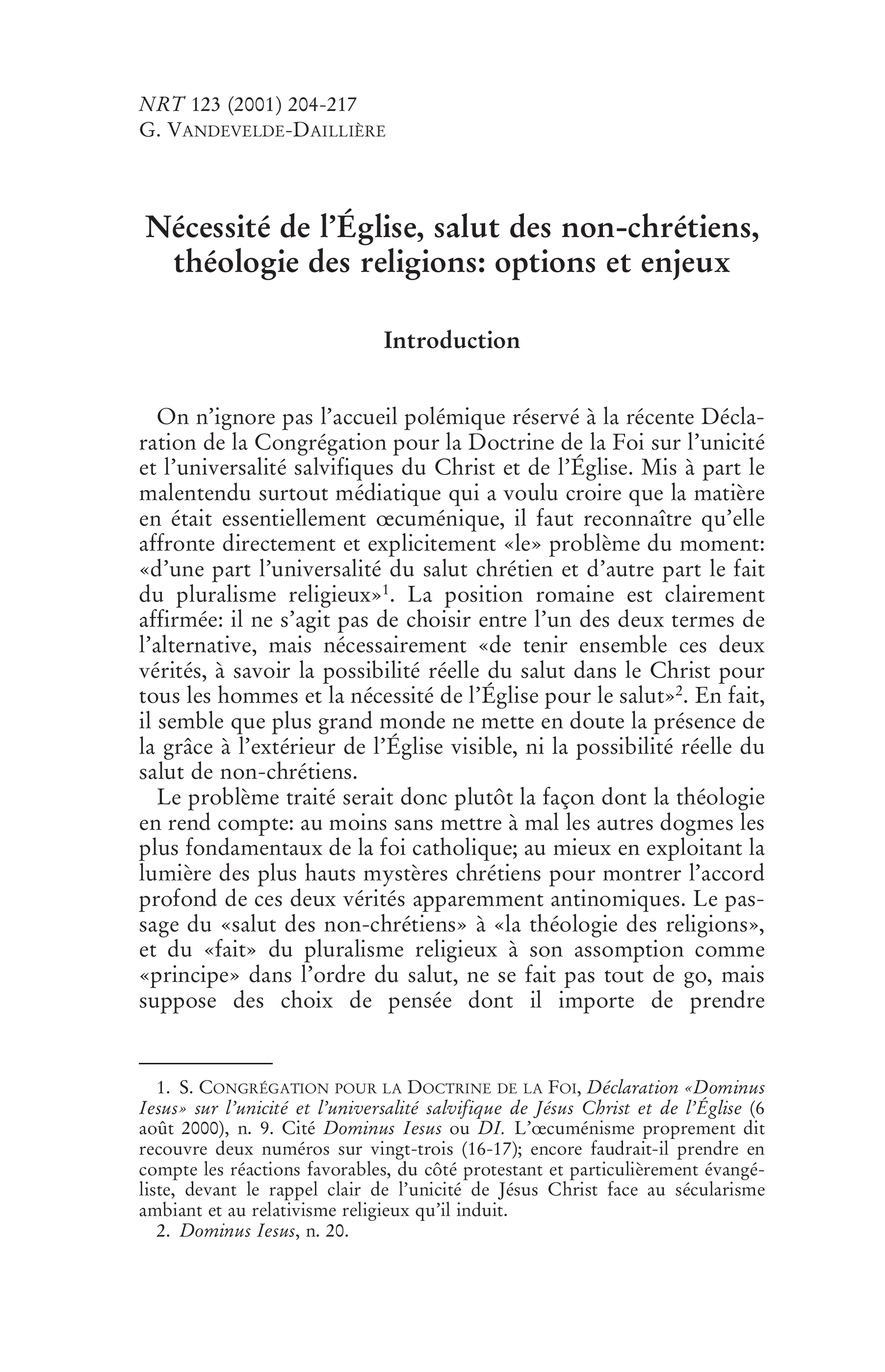 Nécessité de l'Église, salut des non-chrétiens, théologie des religions: options et enjeux
