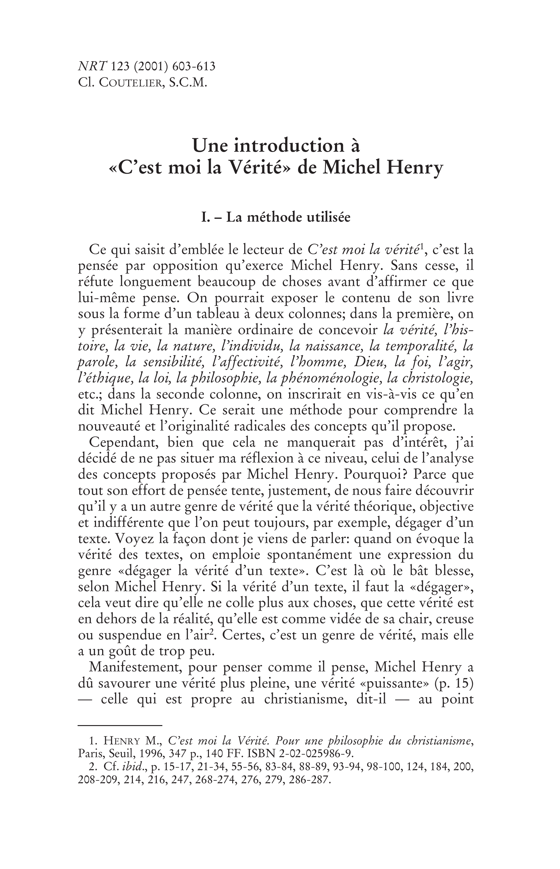 Une introduction à  « C'est moi la vérité » de Michel Henry