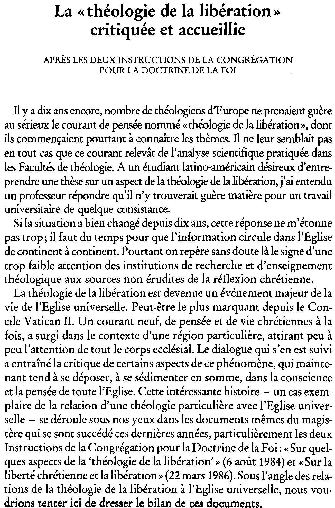 La «théologie de la libération» critiquée et accueillie. Après les deux Instructions de la Congrégation pour la Doctrine de la Foi