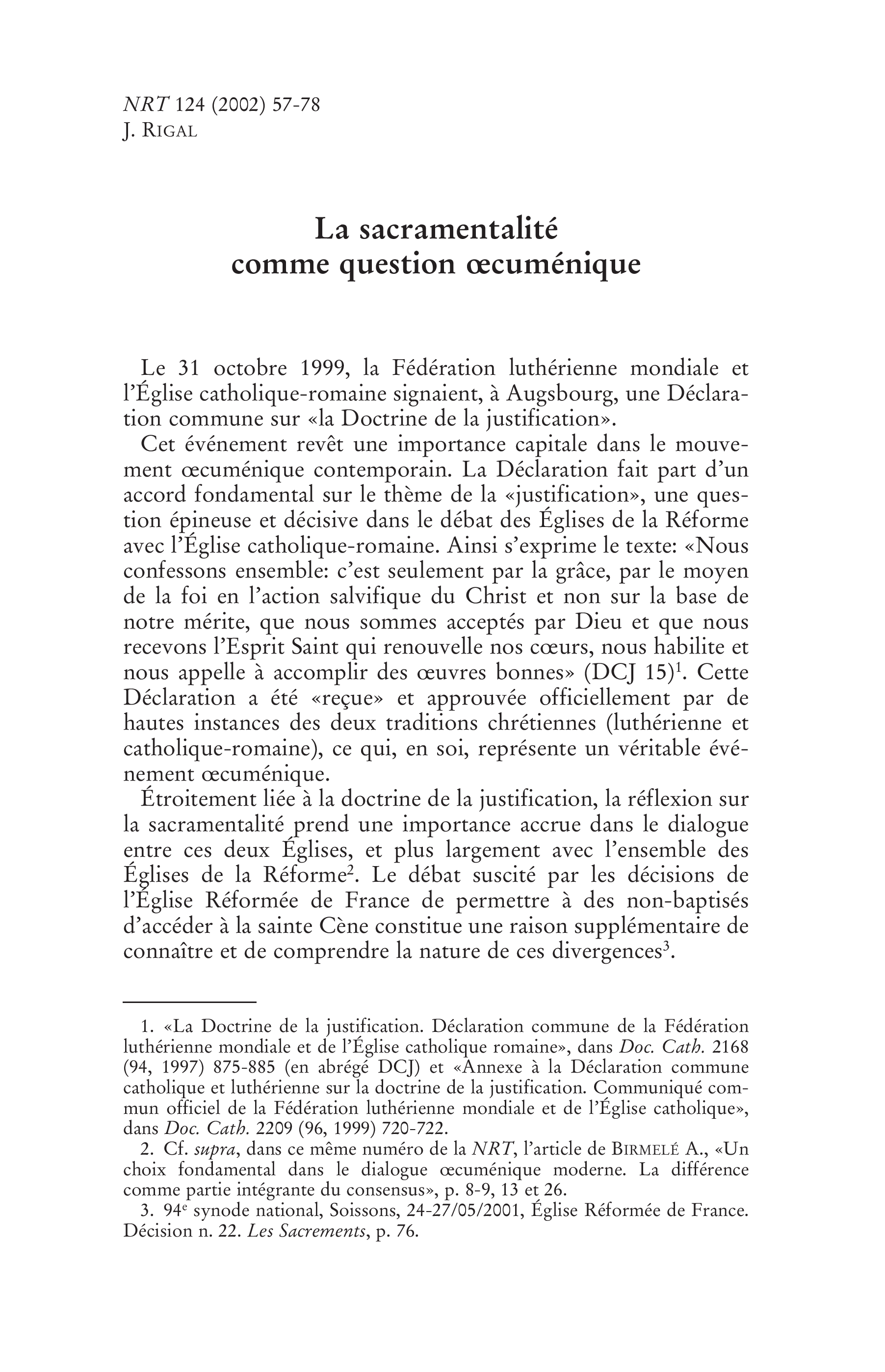 La sacramentalité comme question oecuménique