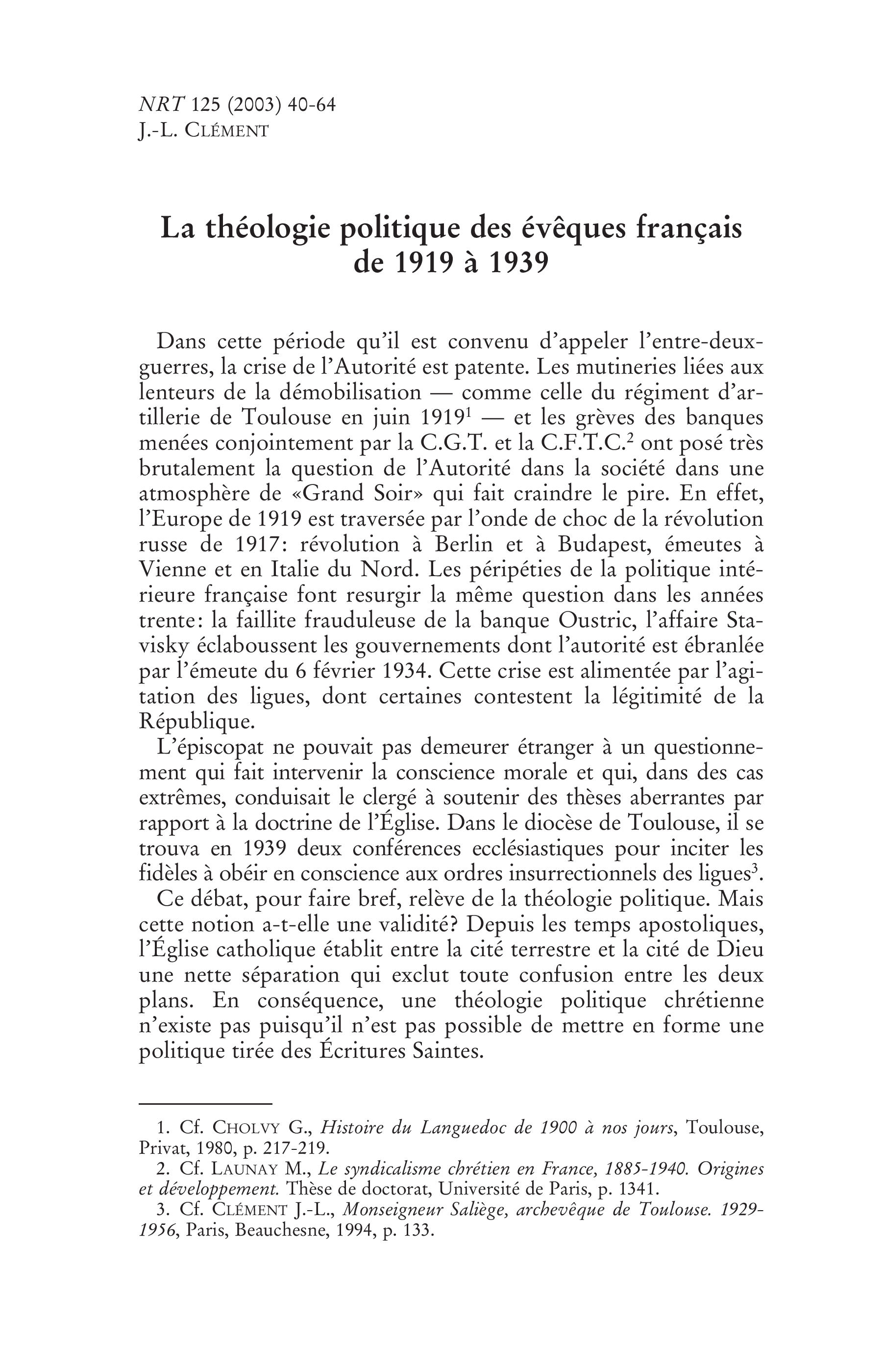La théologie politique des évêques français de 1919 à 1939