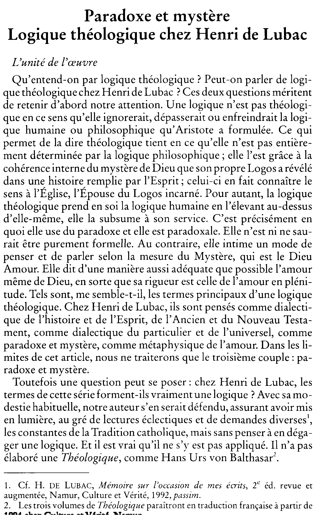 Paradoxe et mystère. Logique théologique chez Henri de Lubac
